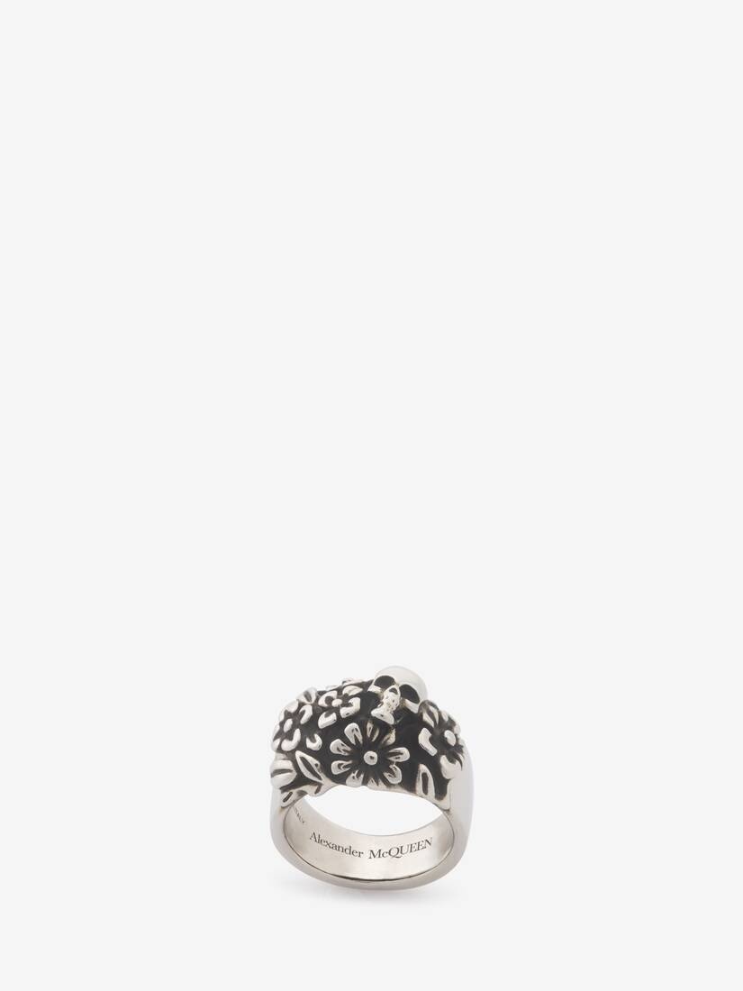 Men's The Floral Skull Ring in Antique Silver - 3