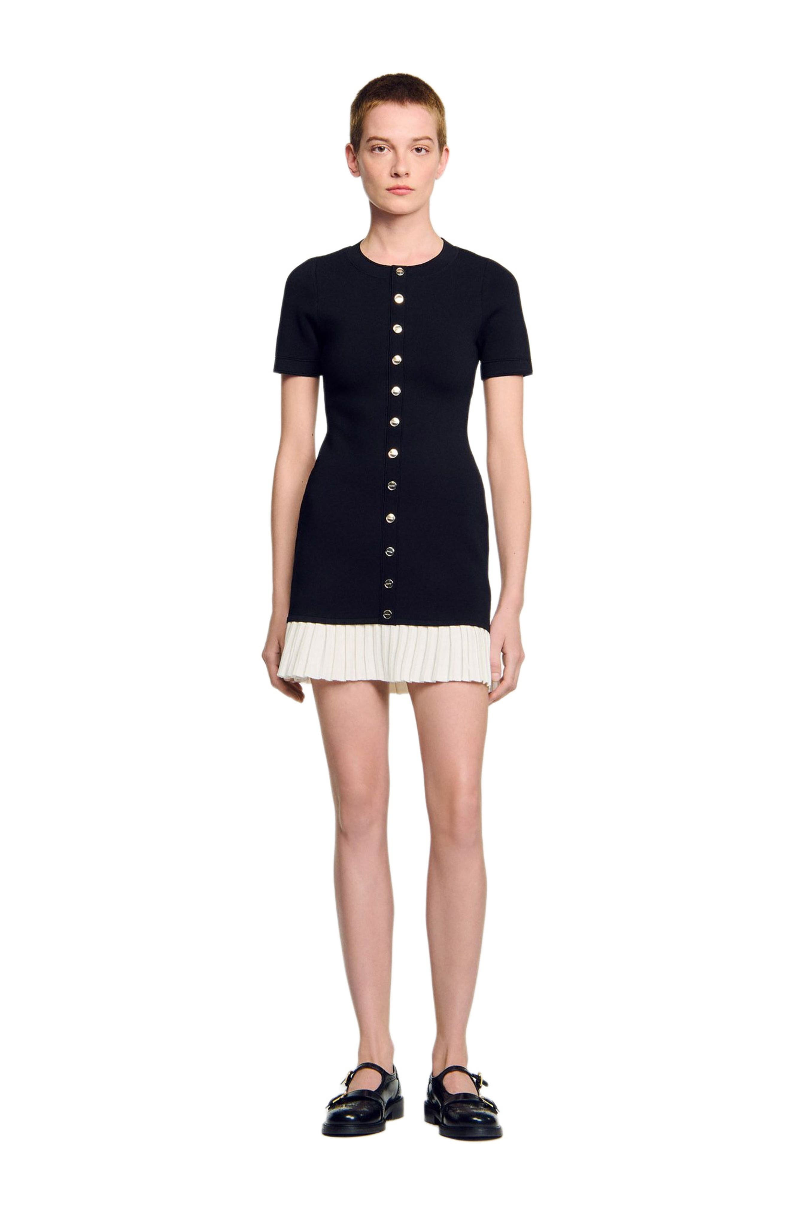 SANDRO Mini knit dress with ruffle in Black /Ecru at Nordstrom - 1