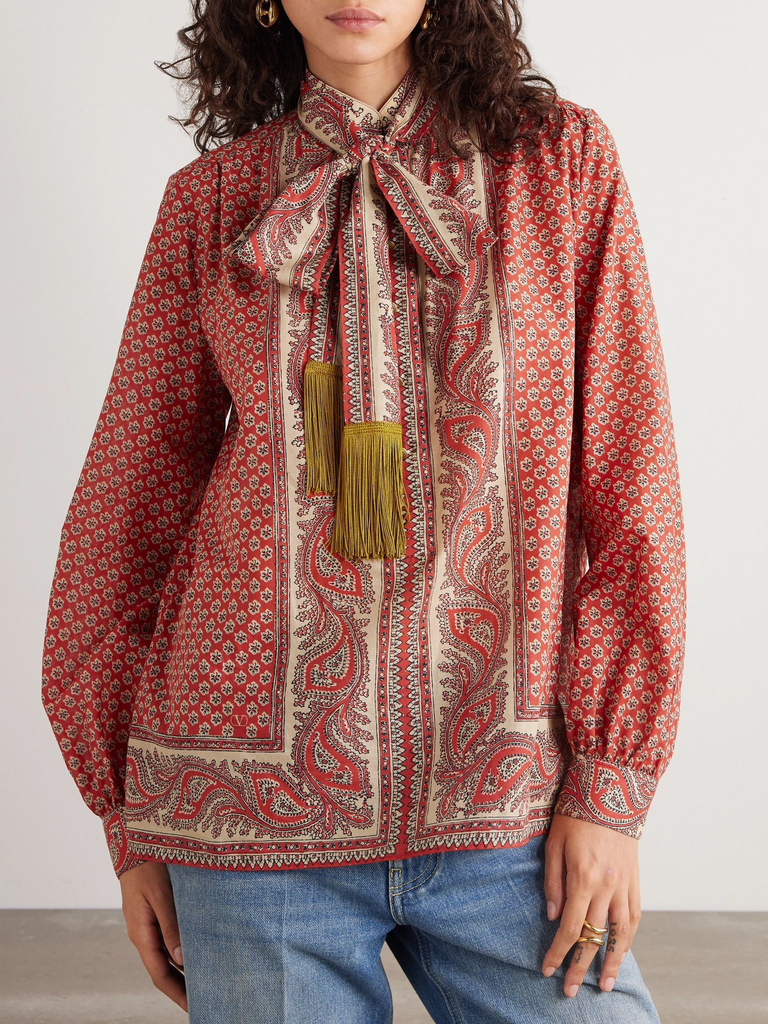 Fringed scarf-detailed printed cotton shirt Pink - 3