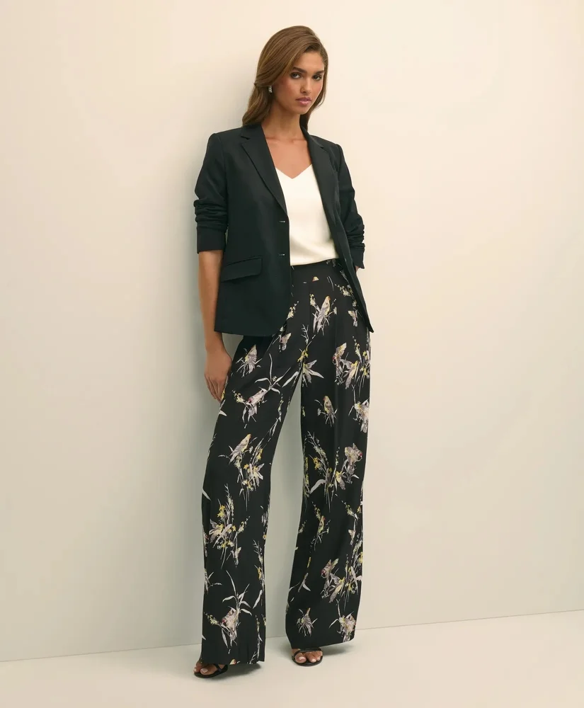 Easy Fit, Elastic Back Wide-Leg Soft Bird Print Pants - 1