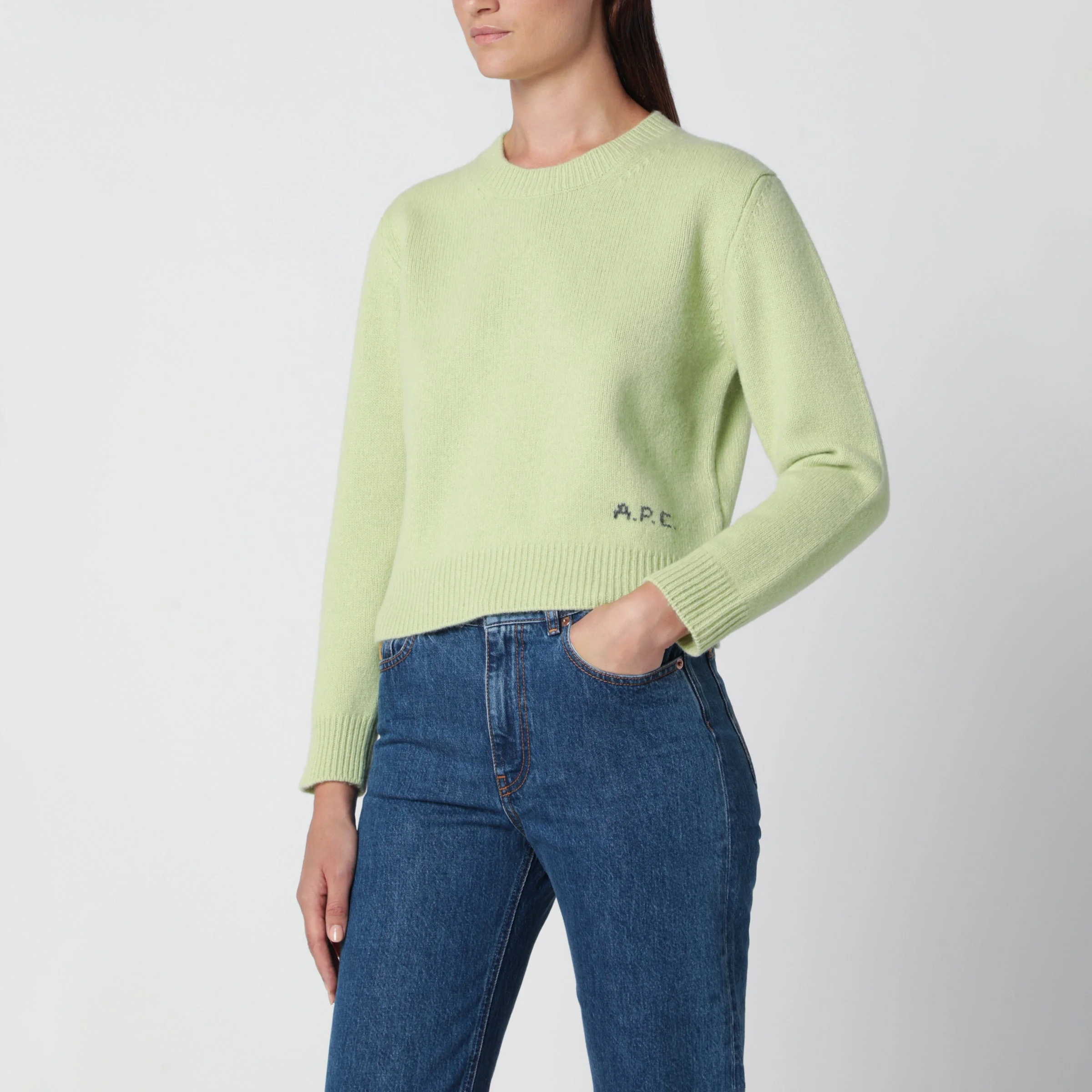 Crew-neck sweater lime green in wool - 1