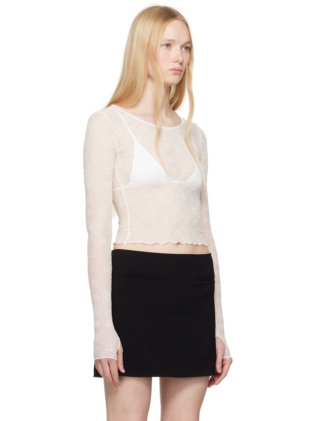 White Recycled Mesh Flock Second Skin Cropped T-shirt - 2