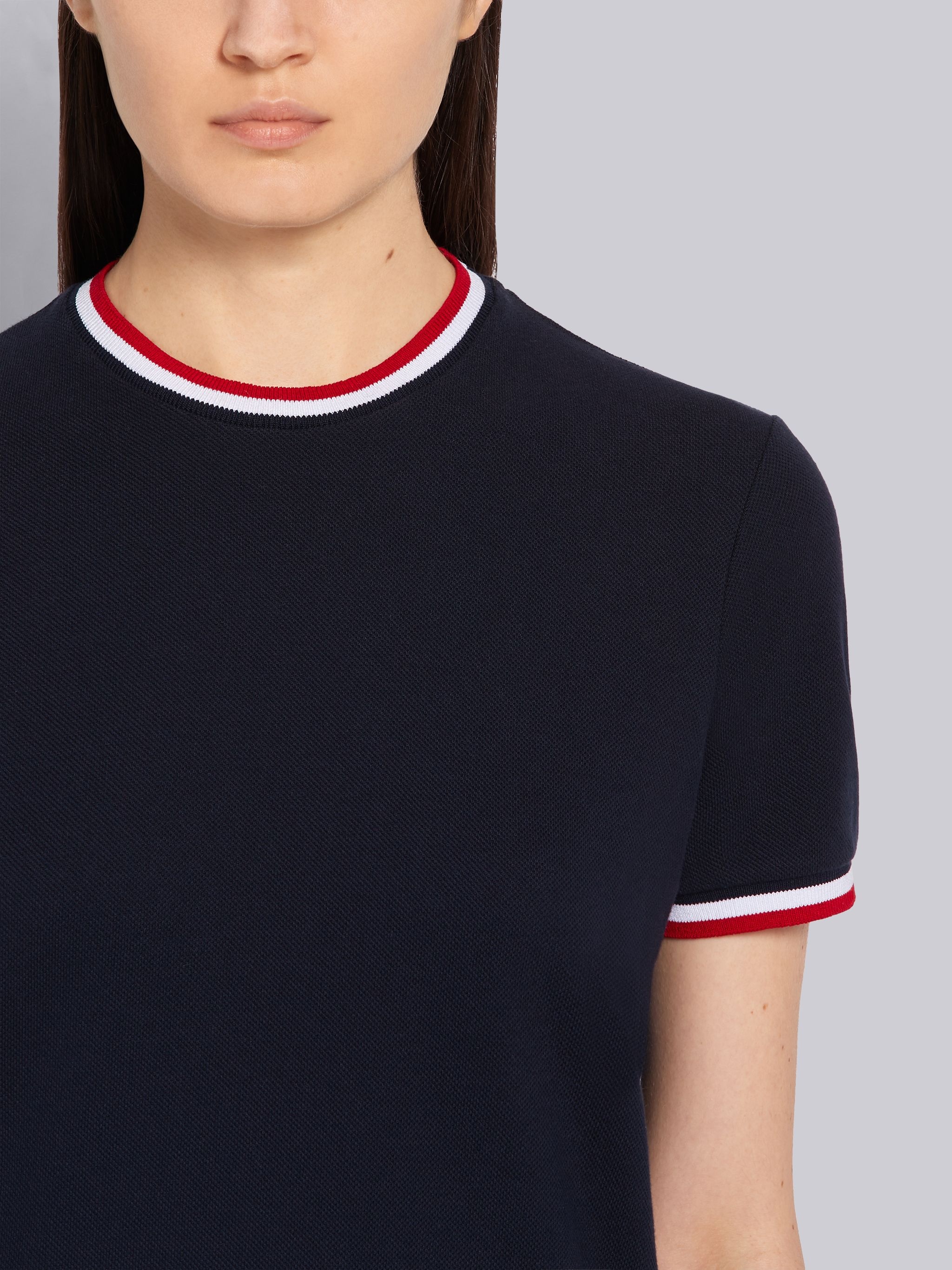 Navy Cotton Pique Tricolor Rib Trim Short Sleeve Tee - 5