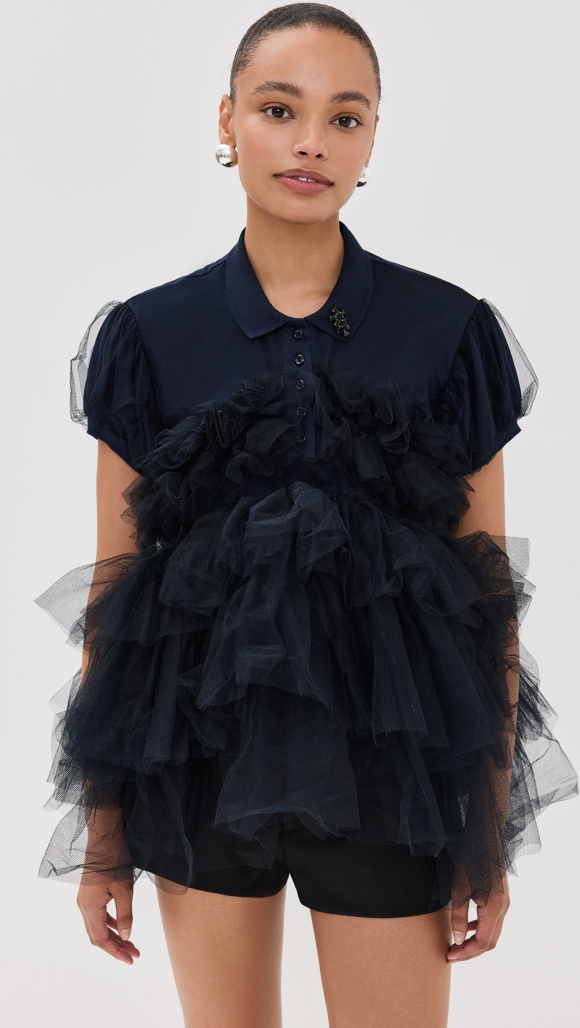 Puff Sleeve Tulle Frill Polo Shirt - 6