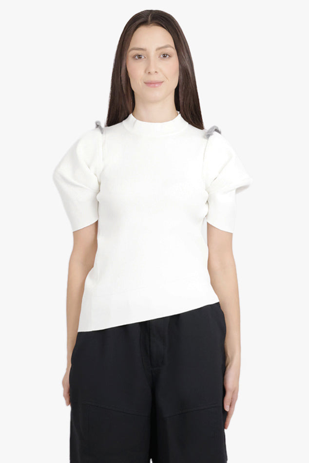 STRUCTURED SHOULDER S/S ASYMMETRIC KNIT PULLOVER | OFF WHITE - 3