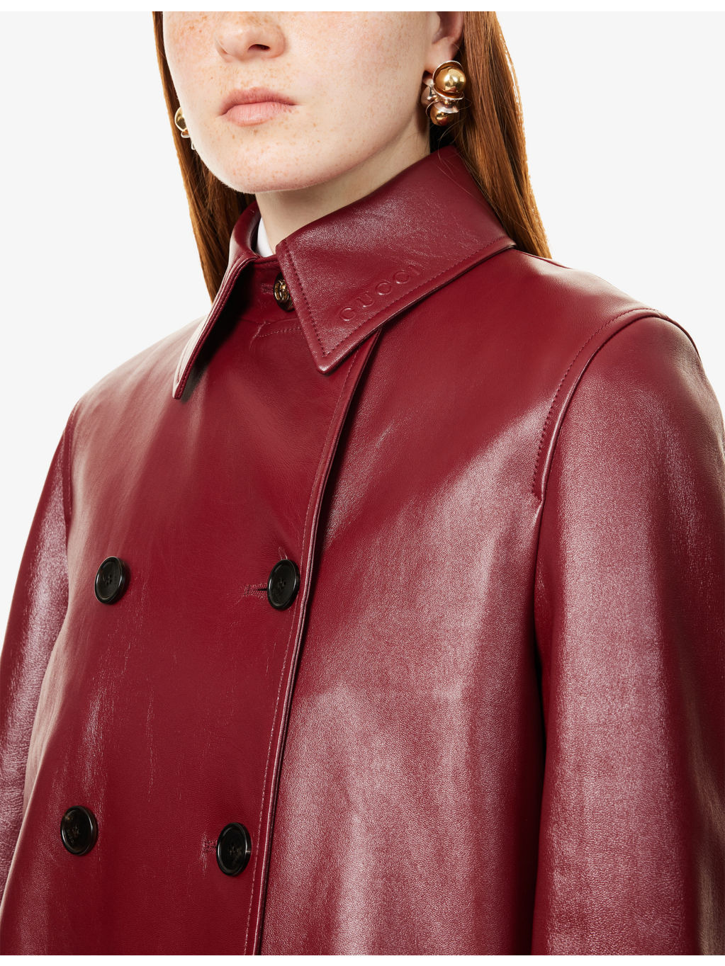 Double-Breasted Two-Flap-Pockets Leather Coat - 5