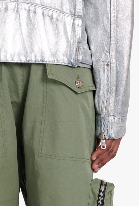 Silvery jean jacket with embossed Balmain logo - 5