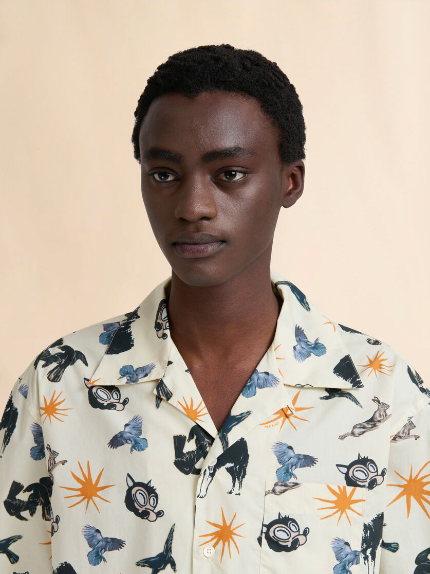 OFF-WHITE POPLIN BOWLING SHIRT WITH WOLVES, RAVENS AND DOVES PRINT - 4