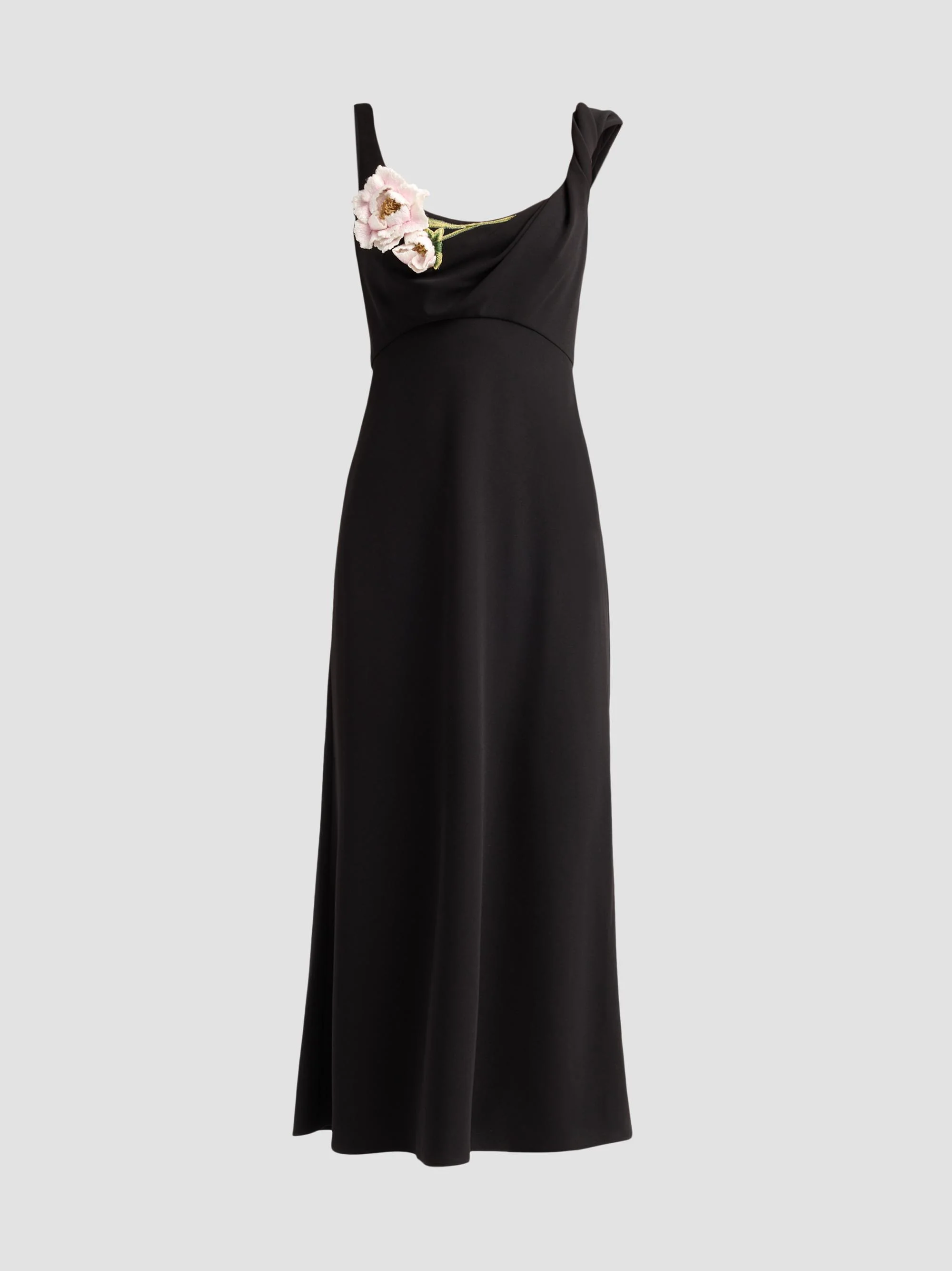 Women's Peony-Embroidered Twist Midi Dress - Black - 1