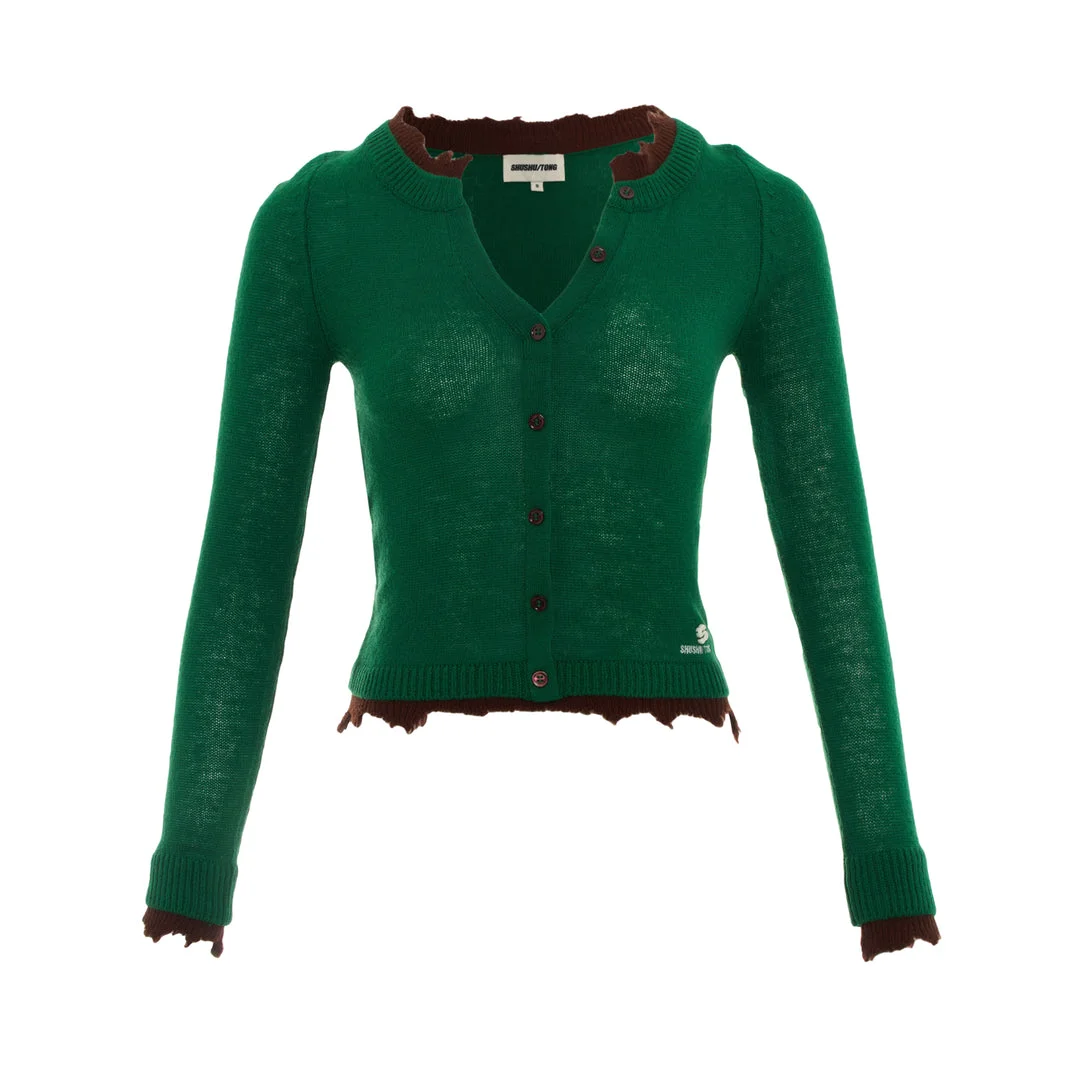 Contrast Trim Raw-Edge Knit Cardigan - 1