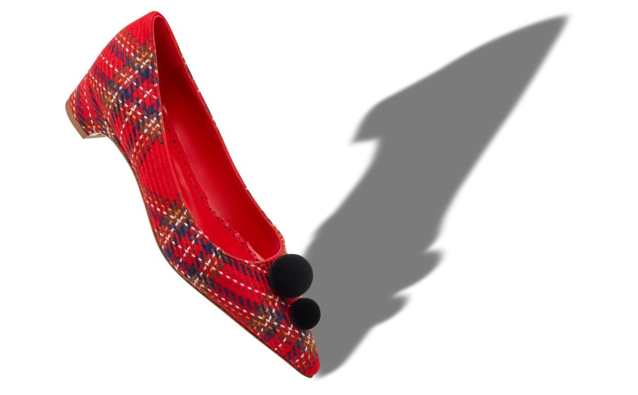 Red Wool Tartan Pom Pom Detail Pumps - 2