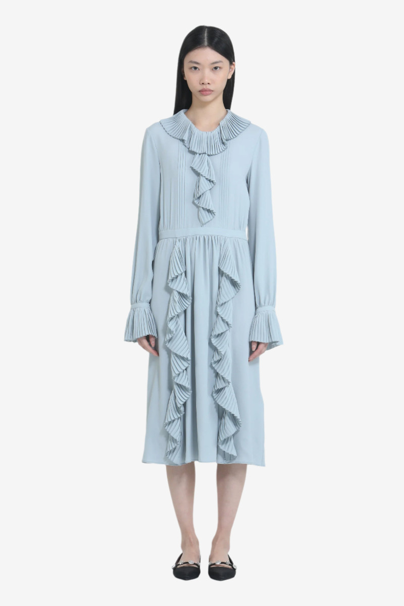 BELOW-THE-KNEE DRESS WITH RUFFLES AND PLEATED COLLAR 1