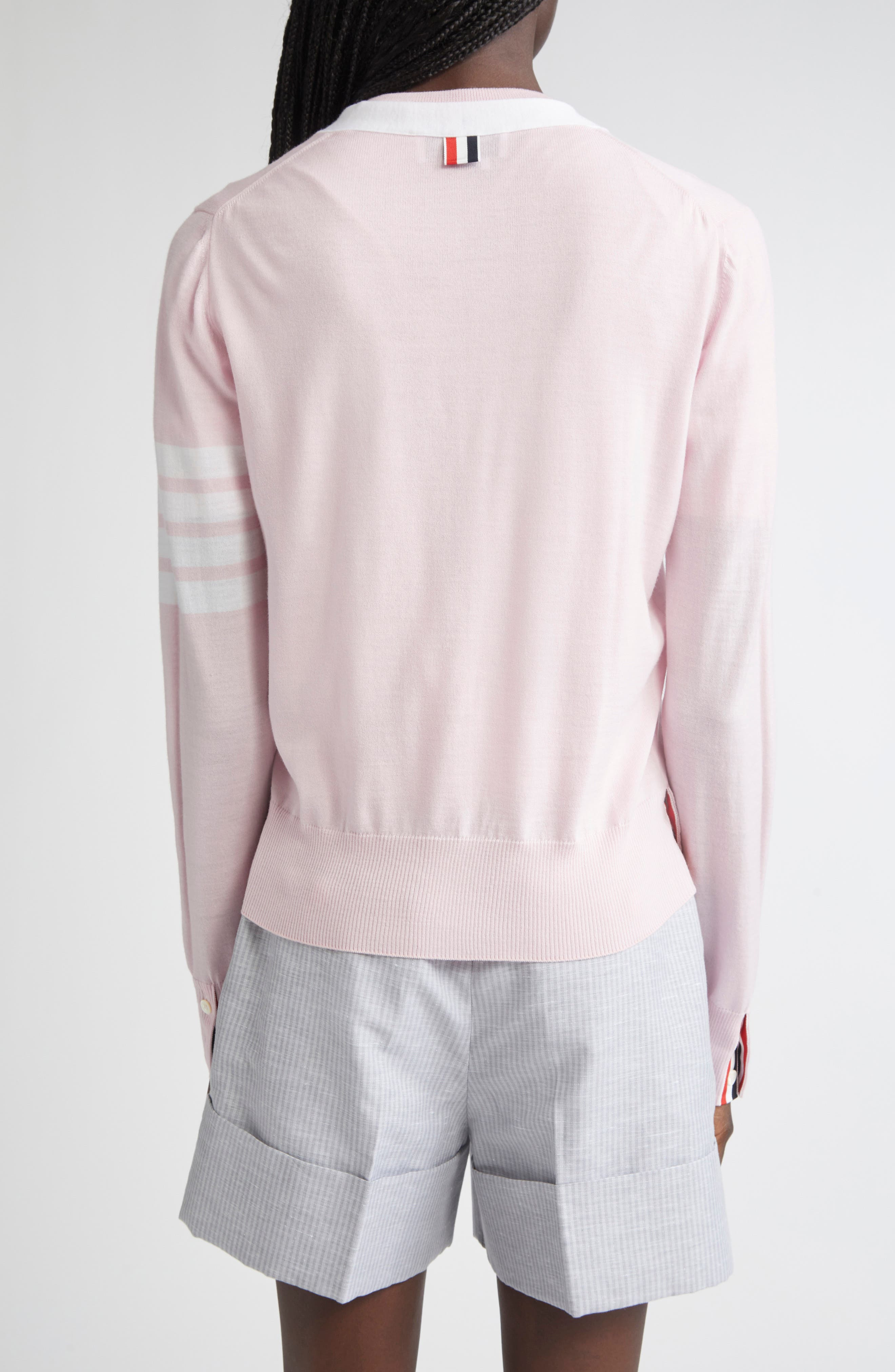 Thom Browne 4-Bar Relaxed Fit V-Neck Virgin Wool Cardigan in Light Pink at Nordstrom - 3