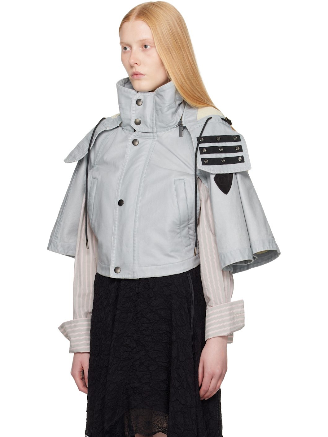 Blue Bleached Cotton Hooded Capelet Jacket - 4