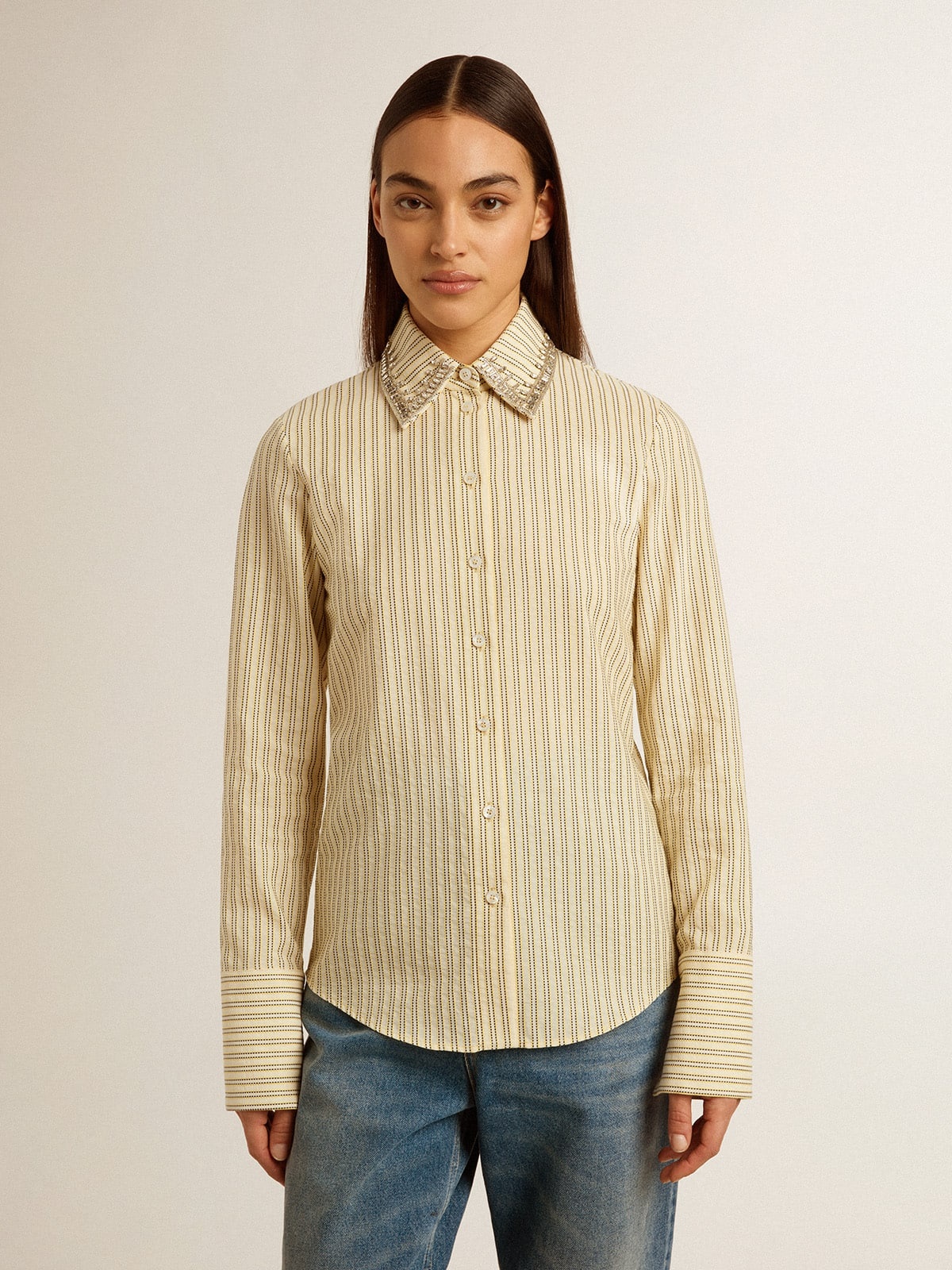 Ecru shirt with stripes and embroidered crystals - 2
