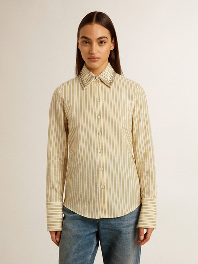 Golden Goose Ecru shirt with stripes and embroidered crystals outlook