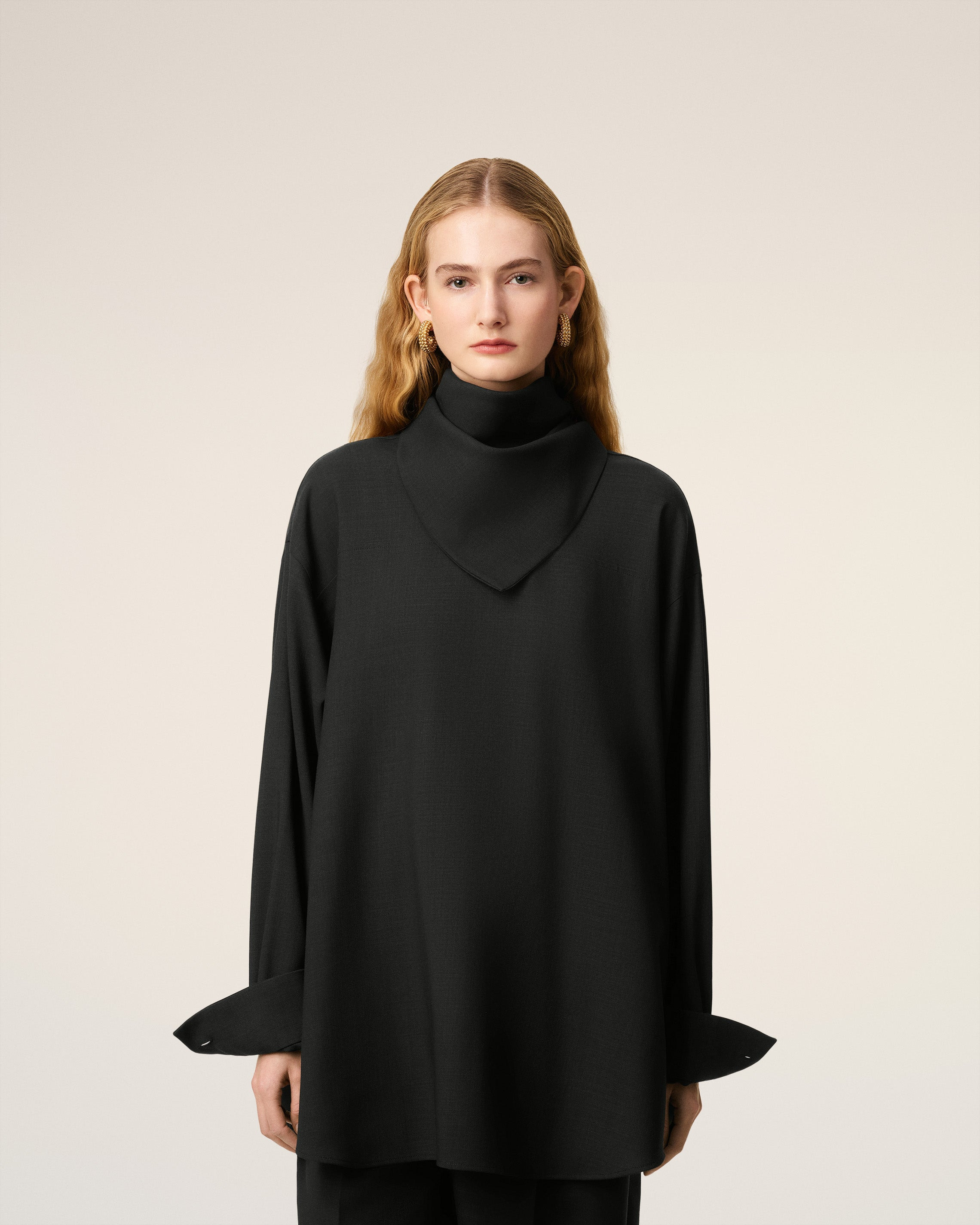 BLACK WOOL LONG SLEEVES BANDANA BLOUSE - 11