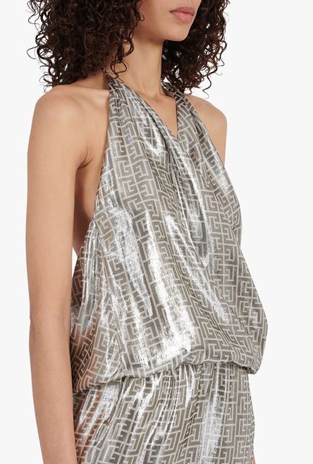 Long silver silk dress with Balmain monogram - 5