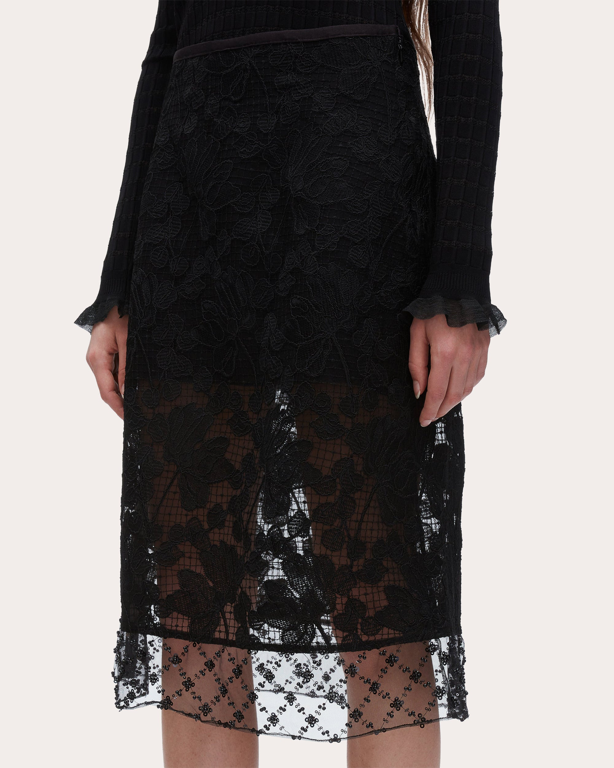 Embellished Floral Lace Organza Skirt - 5