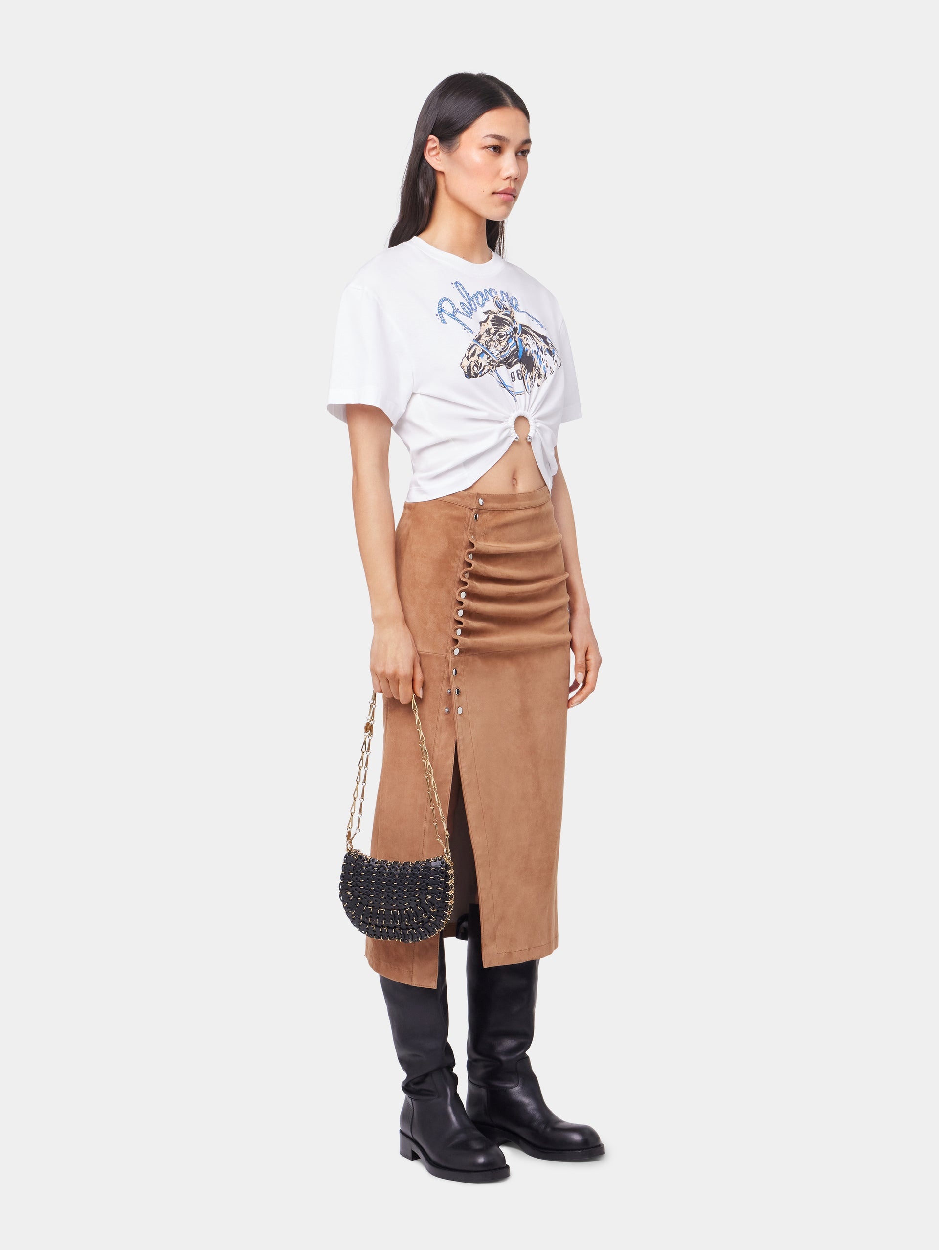 CARAMEL LONG DRAPED SKIRT IN LEATHER - 4