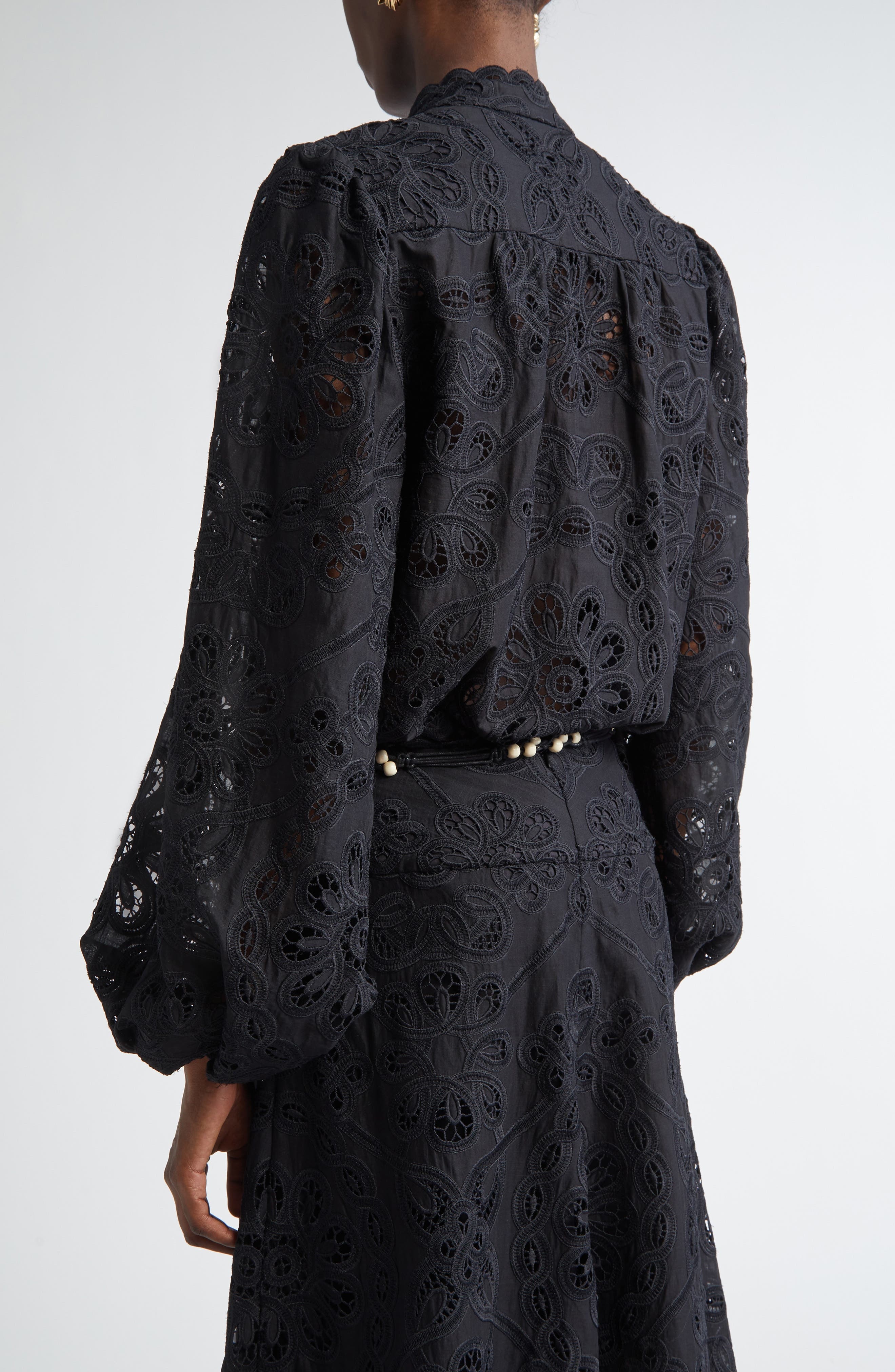 Zimmermann Rhiannon Guipure Lace Trim Cotton Shirt in Black at Nordstrom - 3