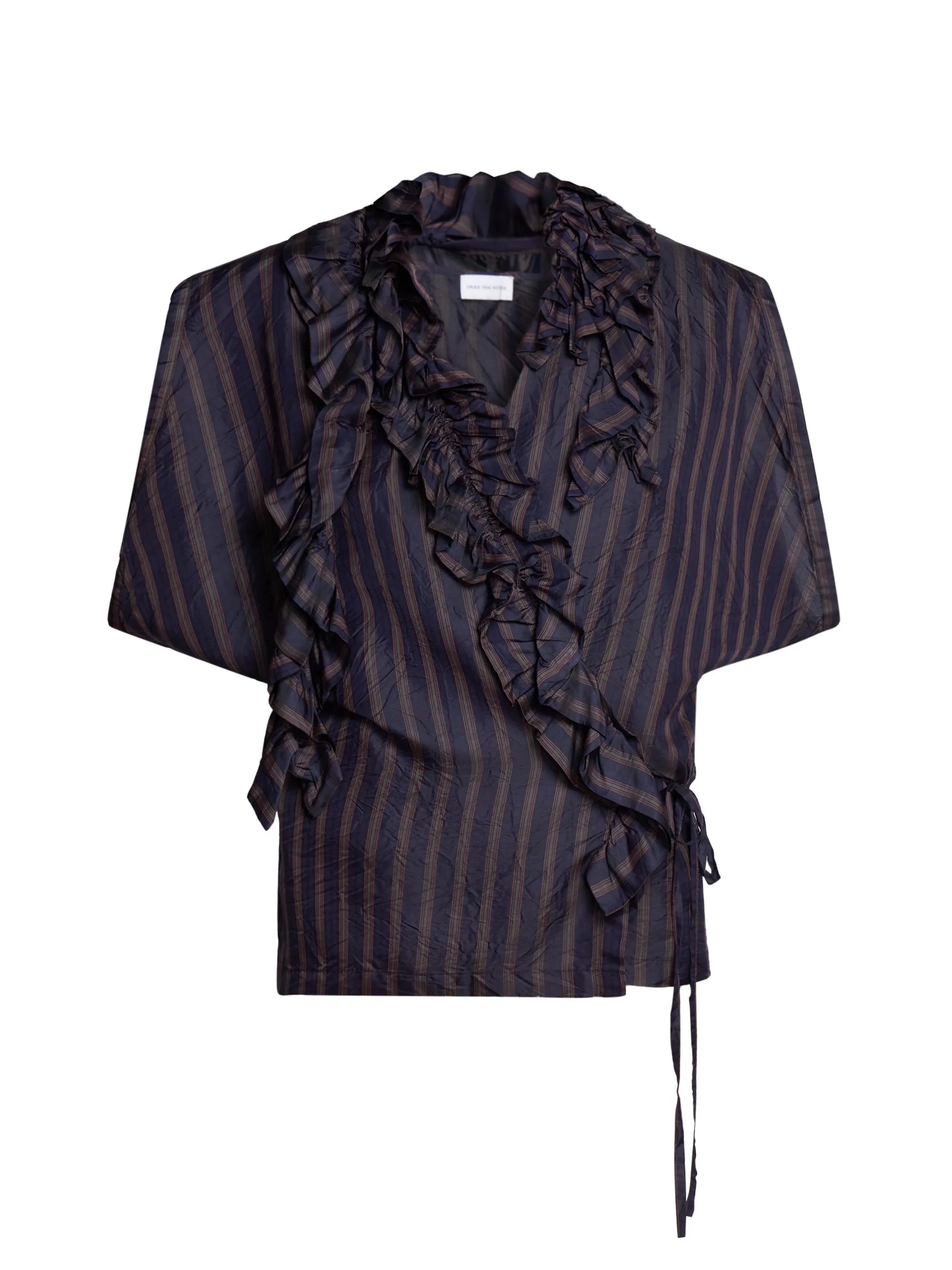 Women's Clematis Ruffled Striped Satin Wrap Shirt - Navy - 1