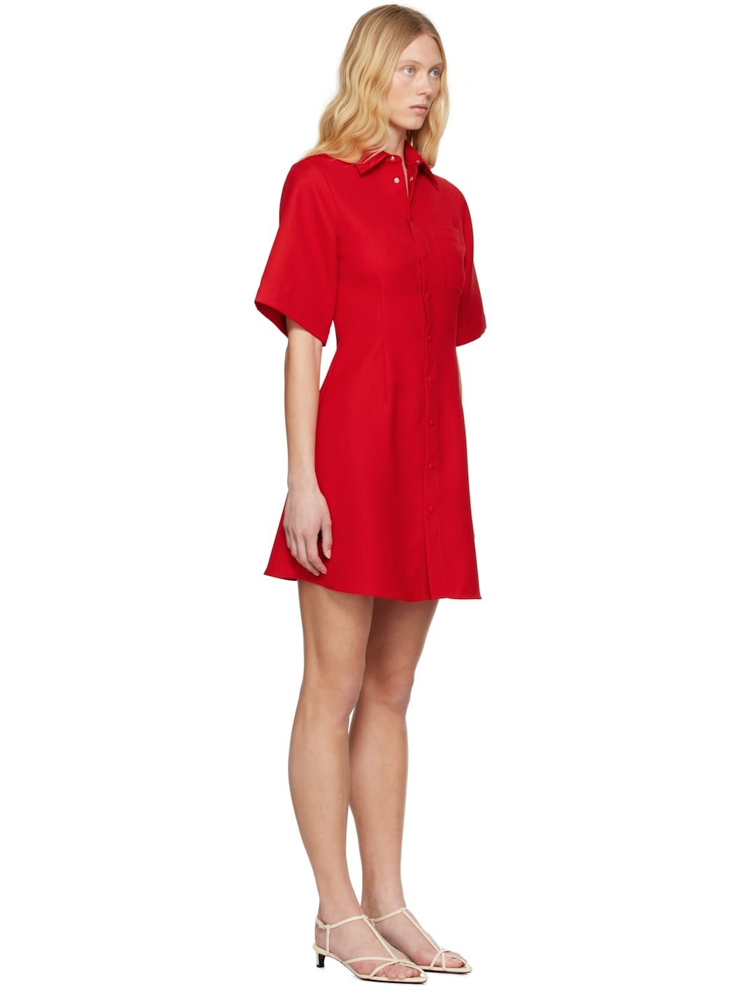 Red Wool Short Sleeve Shirt Minidress - 2