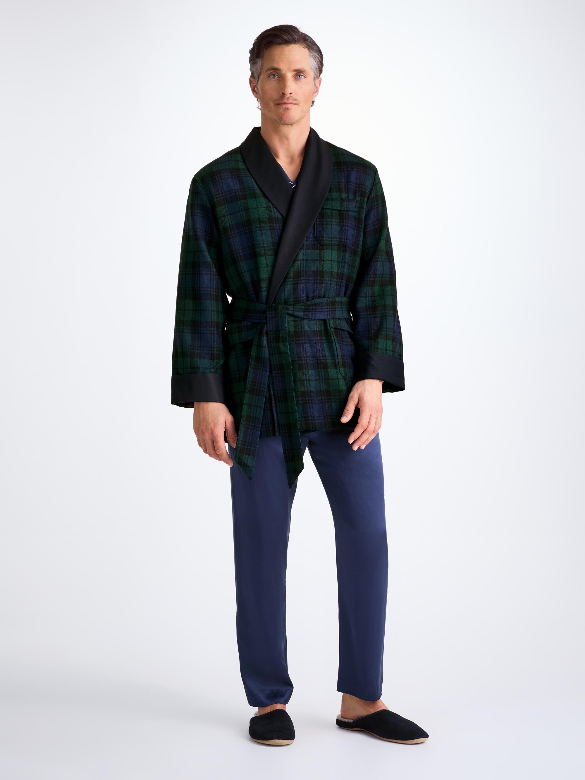 Men's Smoking Jacket Tartan Wool Black Watch Navy - 3