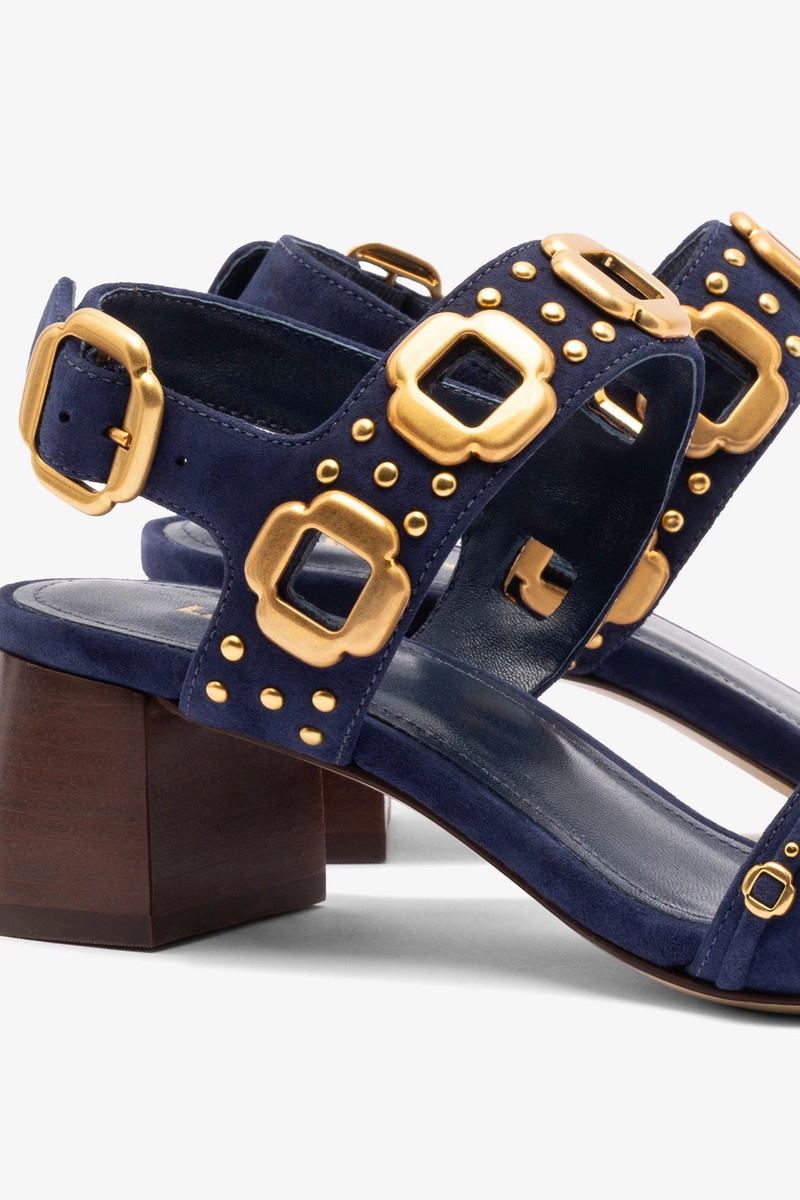 Milan Studs Block Sandal In Navy Suede 4