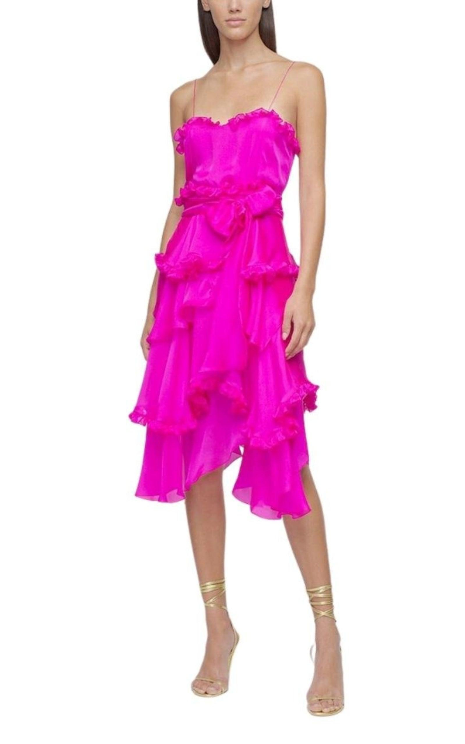 Silk Chiffon Ruffled Knee Length Dress - 2