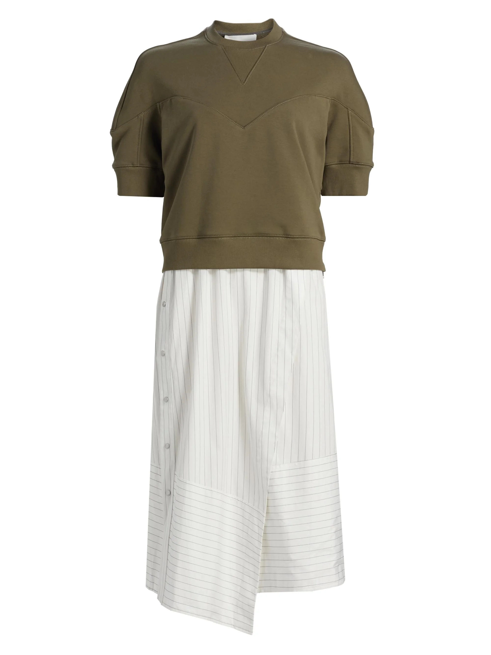 Women's French Terry & Striped Poplin Mixed-Media Midi-Dress - Burnt Olive - 1