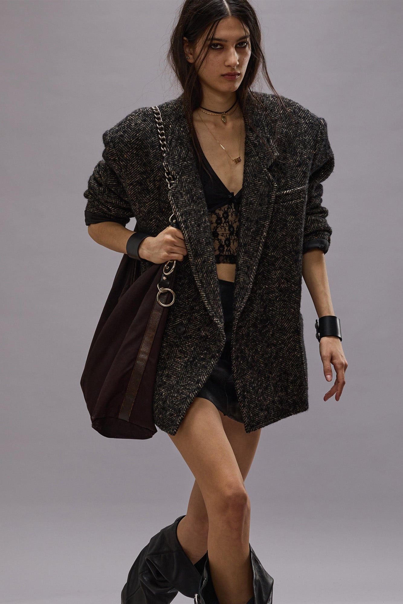 OVERSIZED DOUBLE-BREASTED BLAZER - BLACK HERRINGBONE - R13 - 1