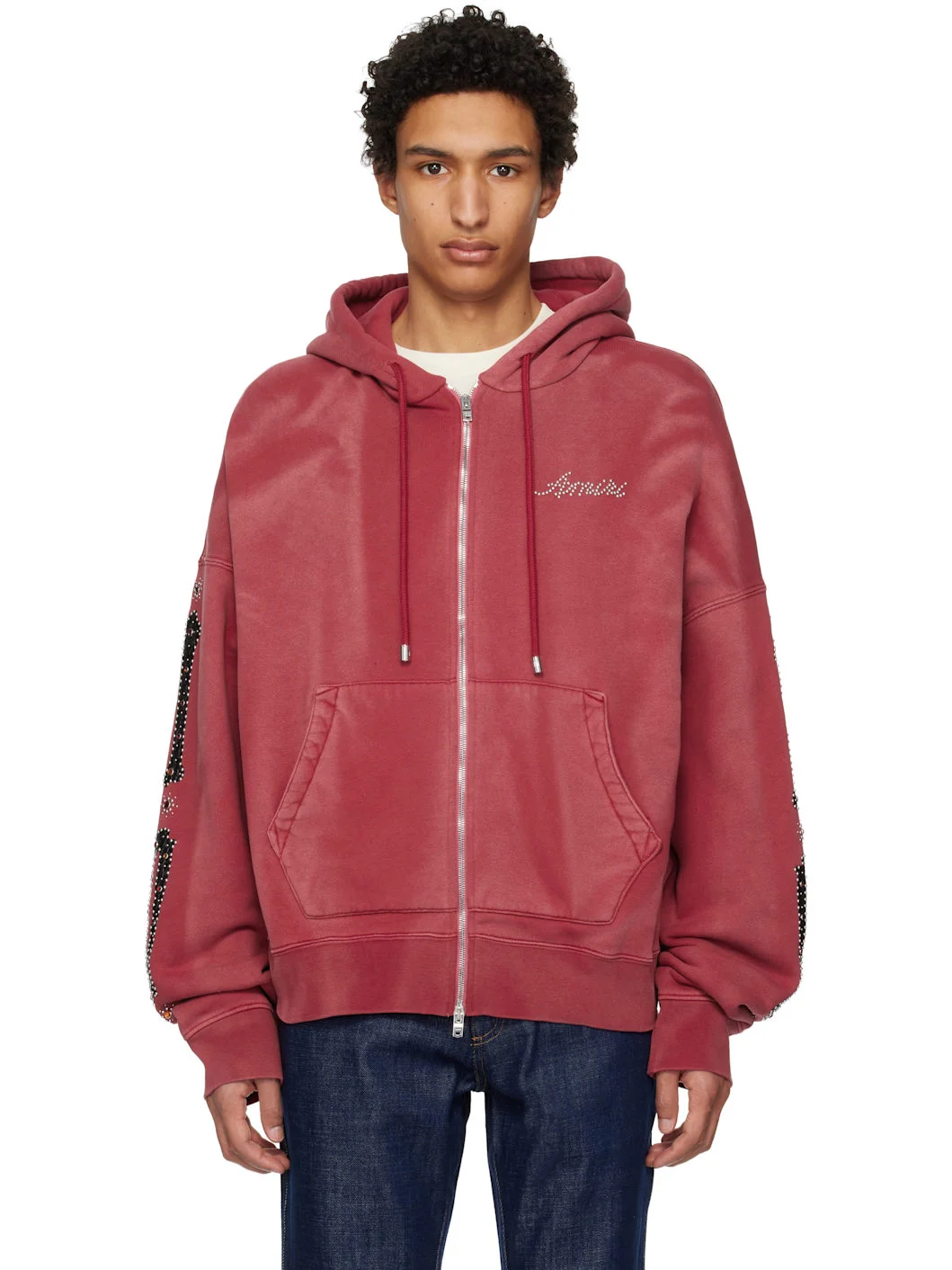 Red Bones Studded Oversized Zip Hoodie - 1