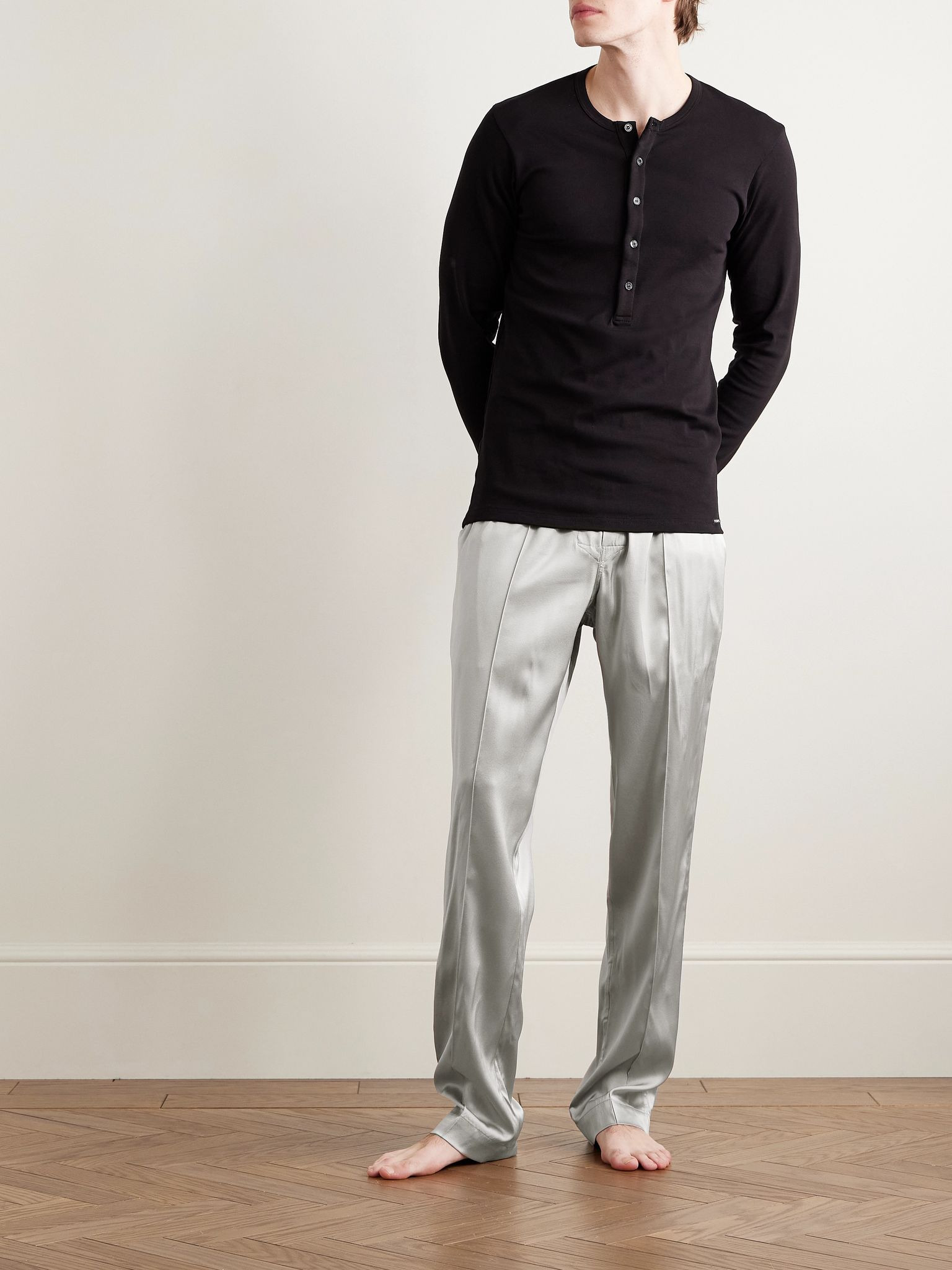 Velvet-Trimmed Stretch-Silk Satin Pyjama Trousers Gray - 2