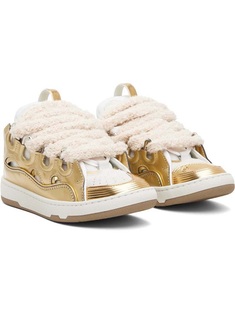 Gold & White Curb Metallic Leather With Mesh Laces Sneakers 4