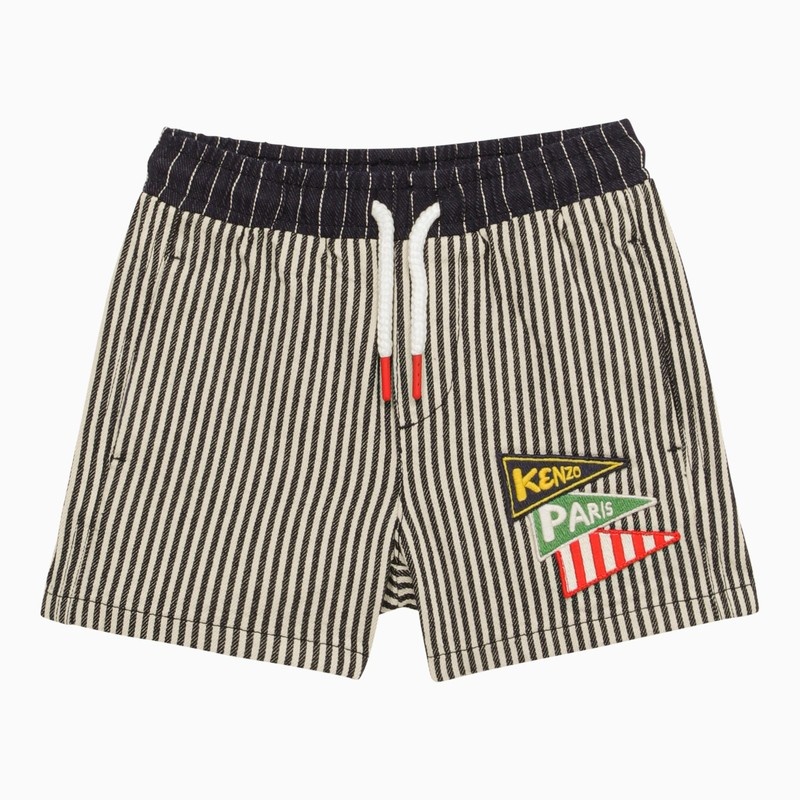 Navy blue striped cotton shorts with logo patch - 1