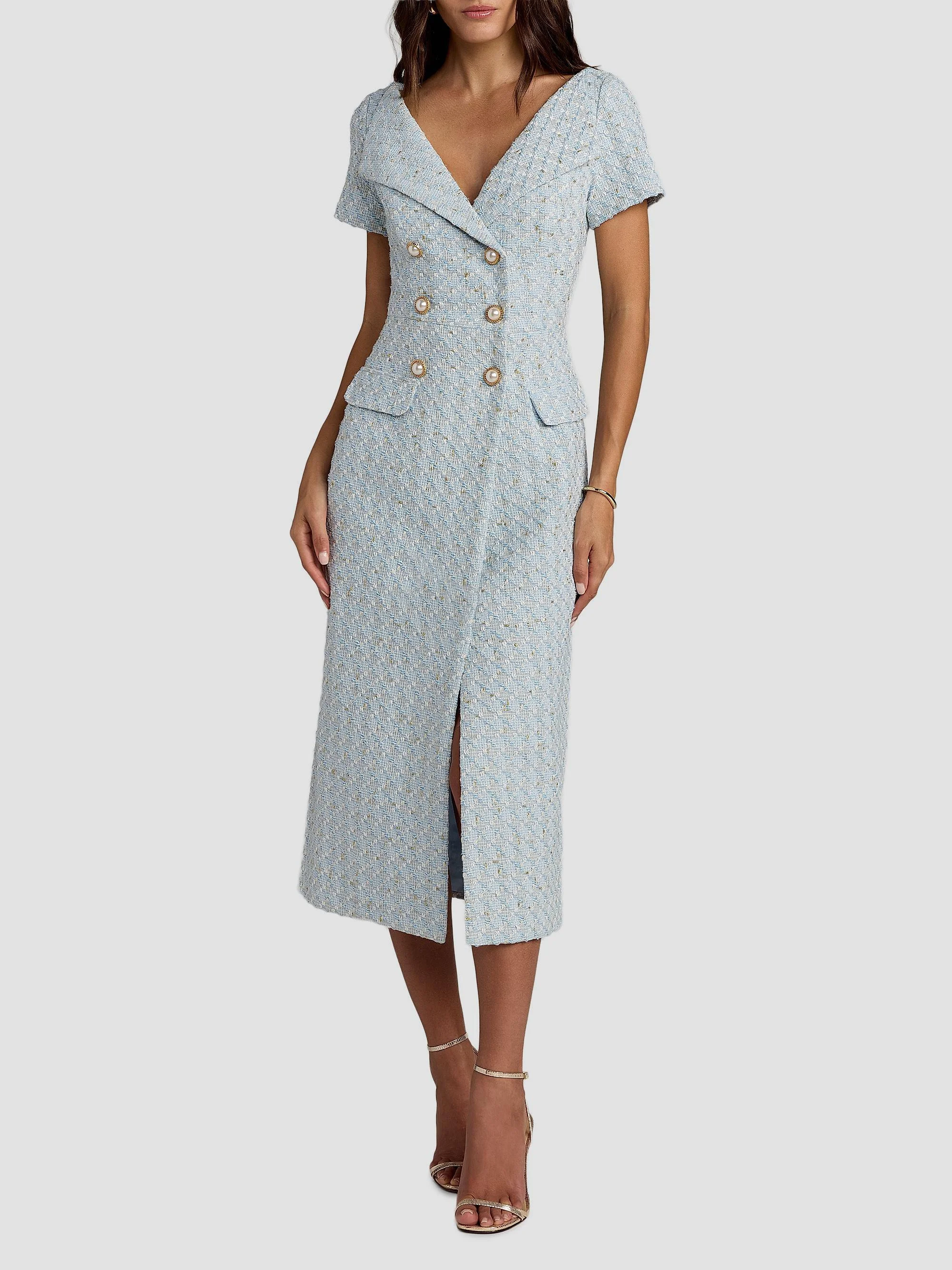 Women's Bouclé Double-Breasted Midi-Dress - Powder Blue - 1