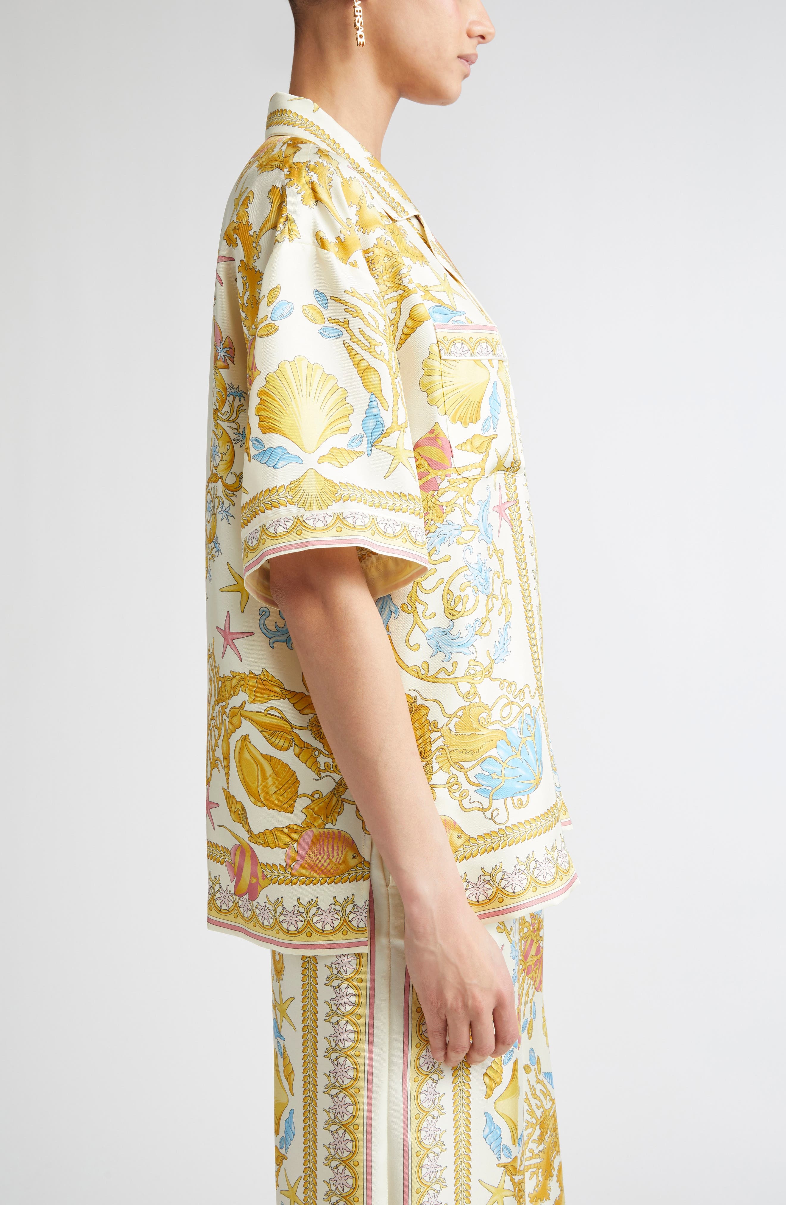 Versace Barocco Underwater Silk Camp Shirt in Eggshell Multicolor at Nordstrom - 4