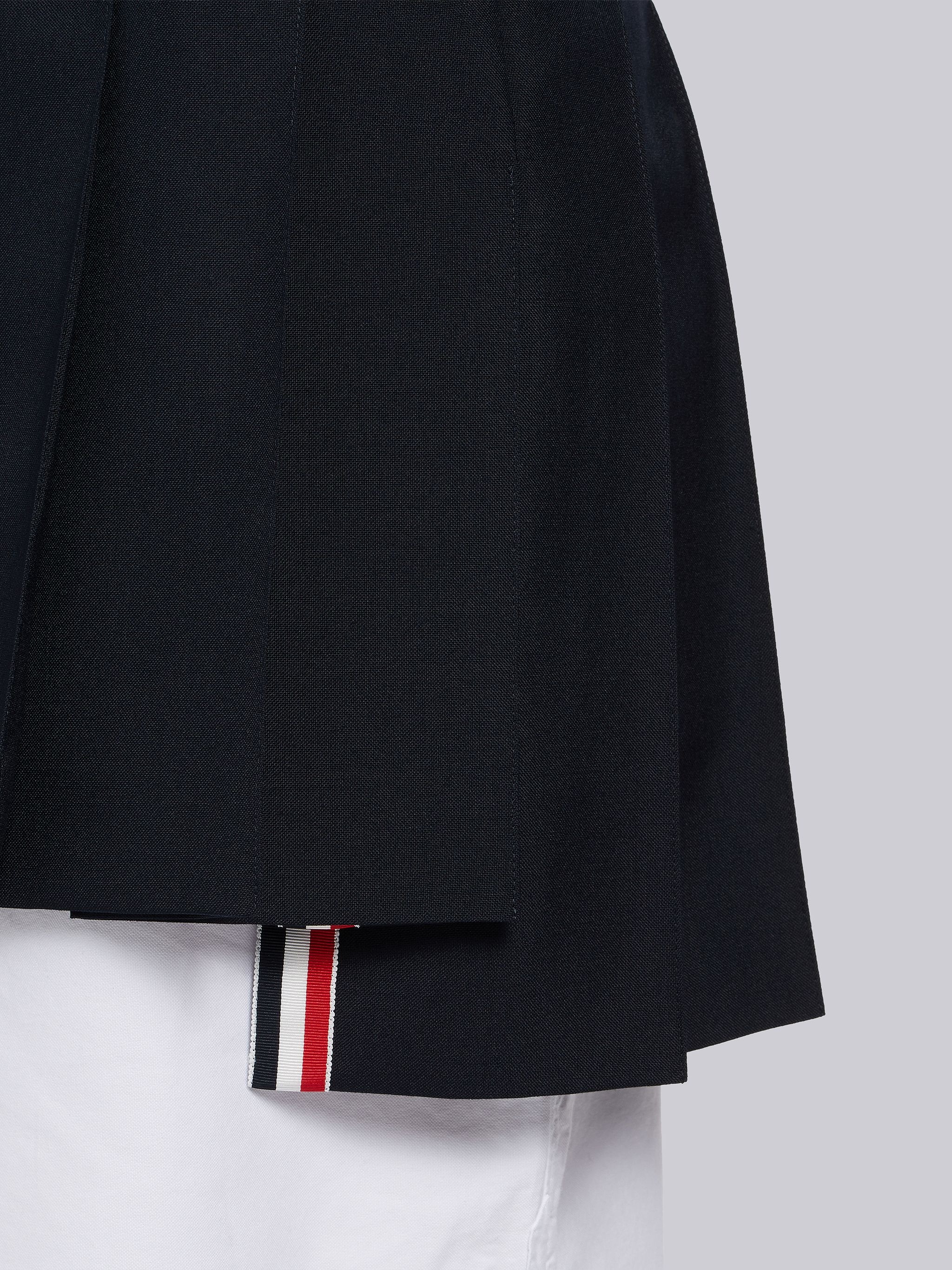 Navy School Uniform Plain Weave Grosgrain Stripe Dropped Back Pleated Mini Skirt - 5