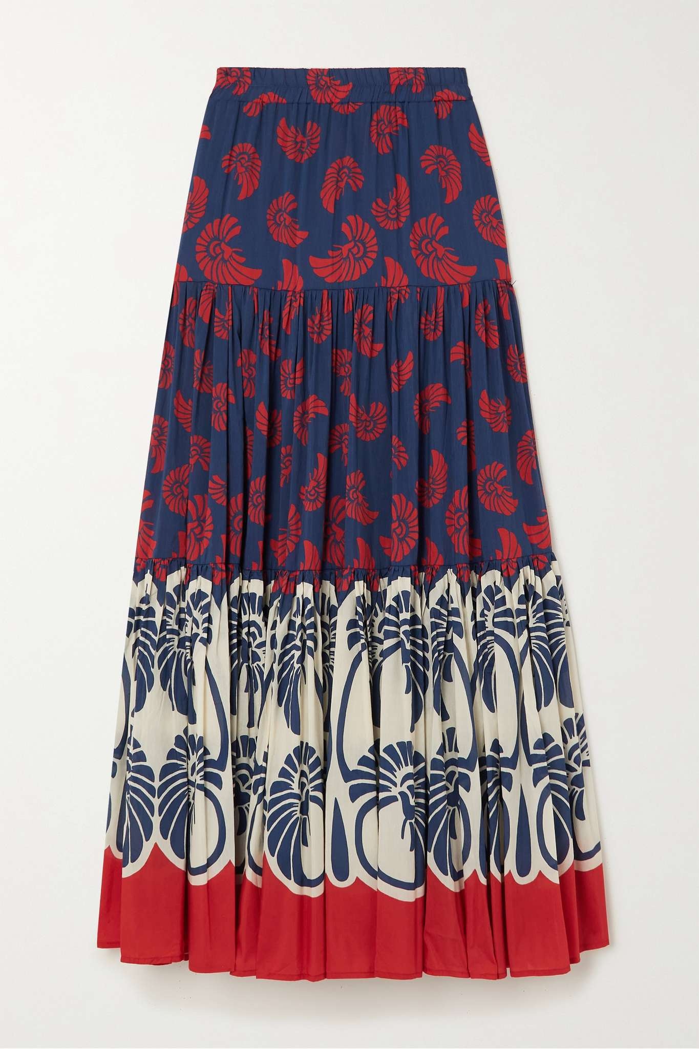 Tiered printed cotton and silk-blend maxi skirt - 1