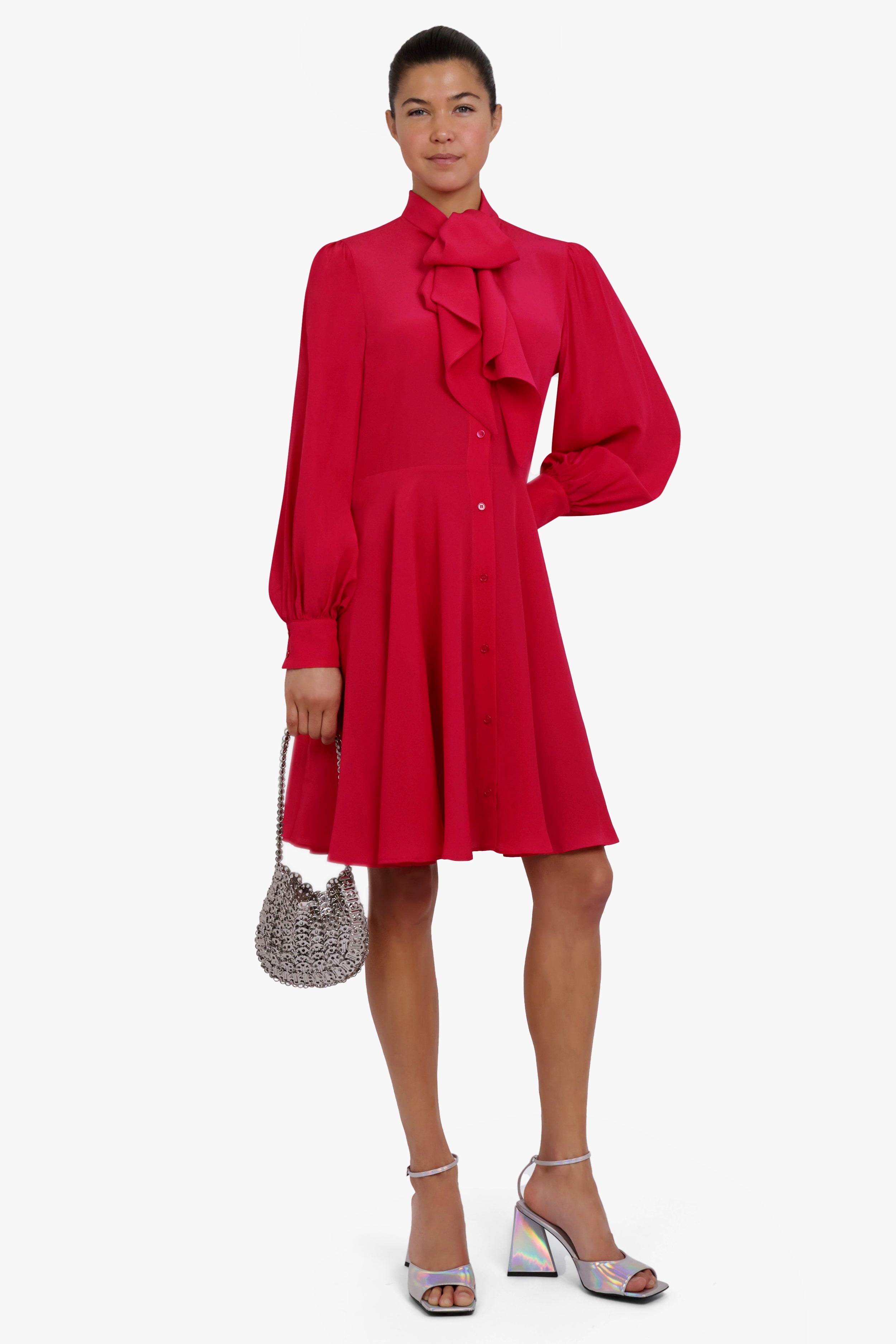 MIDI CREPE DE CHINE NECK TIE DRESS | FUSCHIA - 2