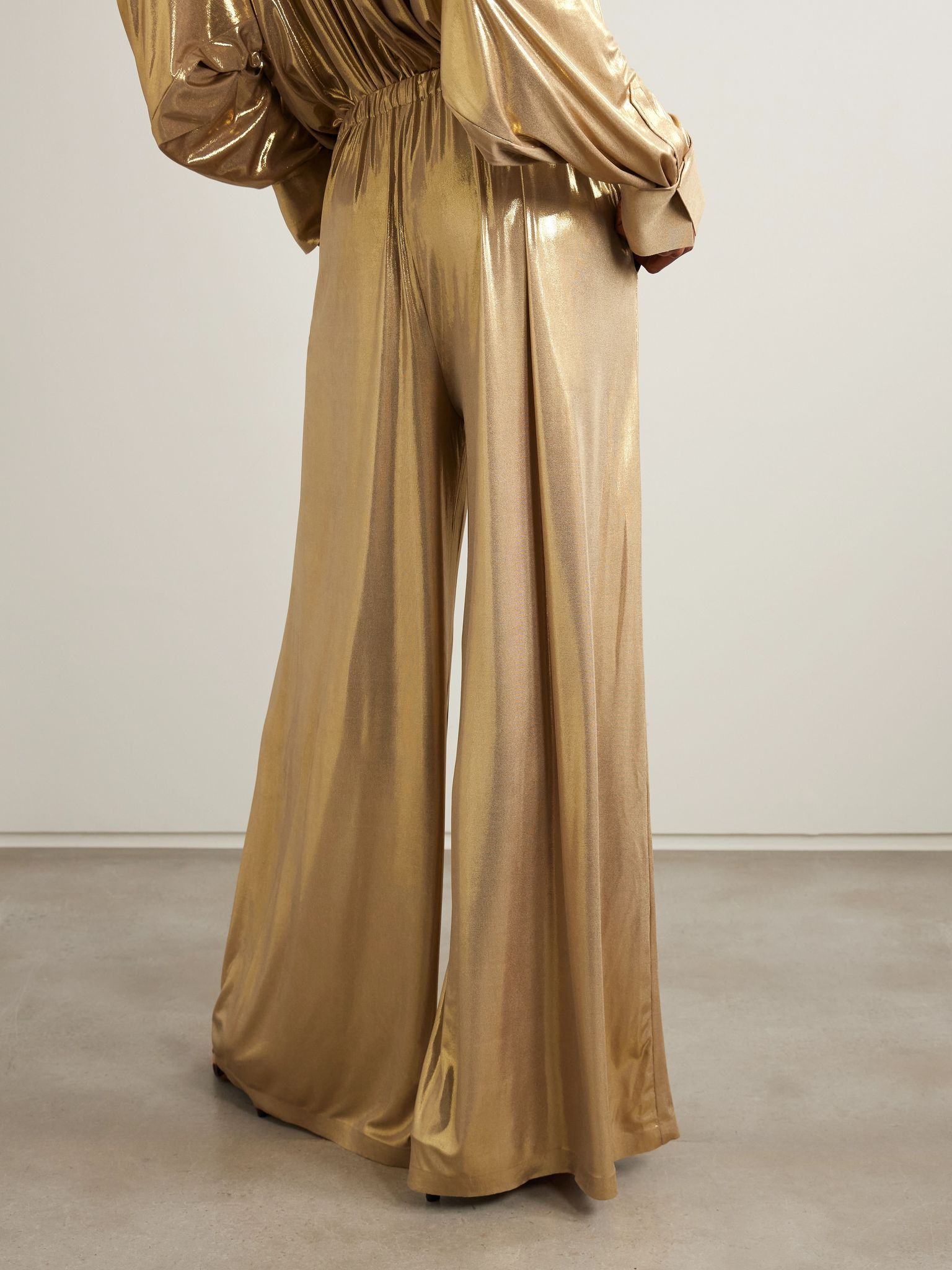 Pleated stretch-lamé wide-leg pants Gold - 3
