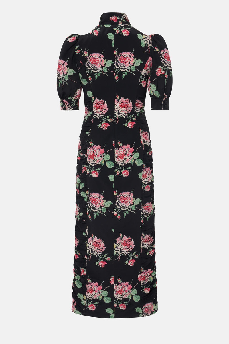 Alessandra Rich ROSE PRINT SILK DRAPED DRESS WITH BOW outlook