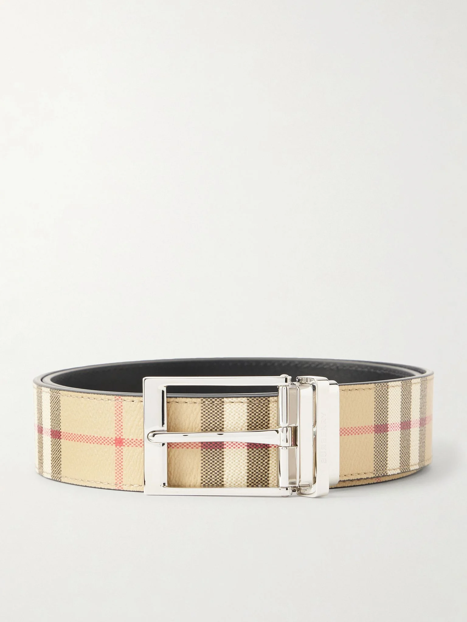 3.5cm Reversible Checked Coated-Leather Belt Beige - 1