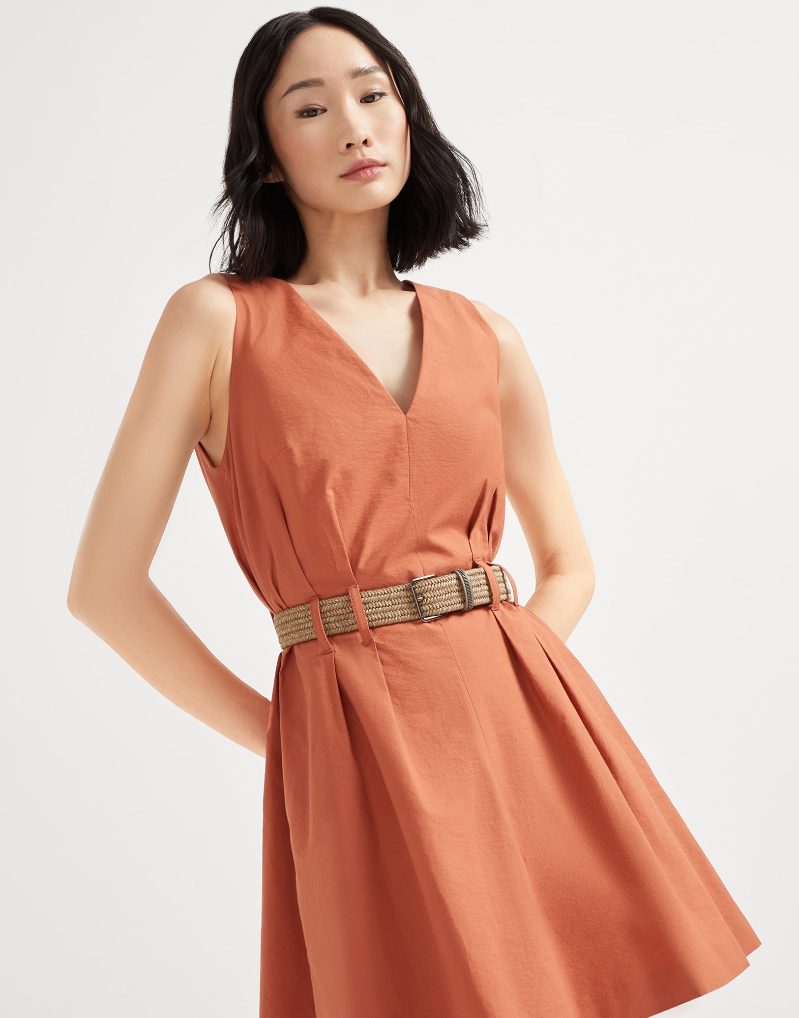 Techno cotton texture twill mini dress with rope and shiny loop belt - 4