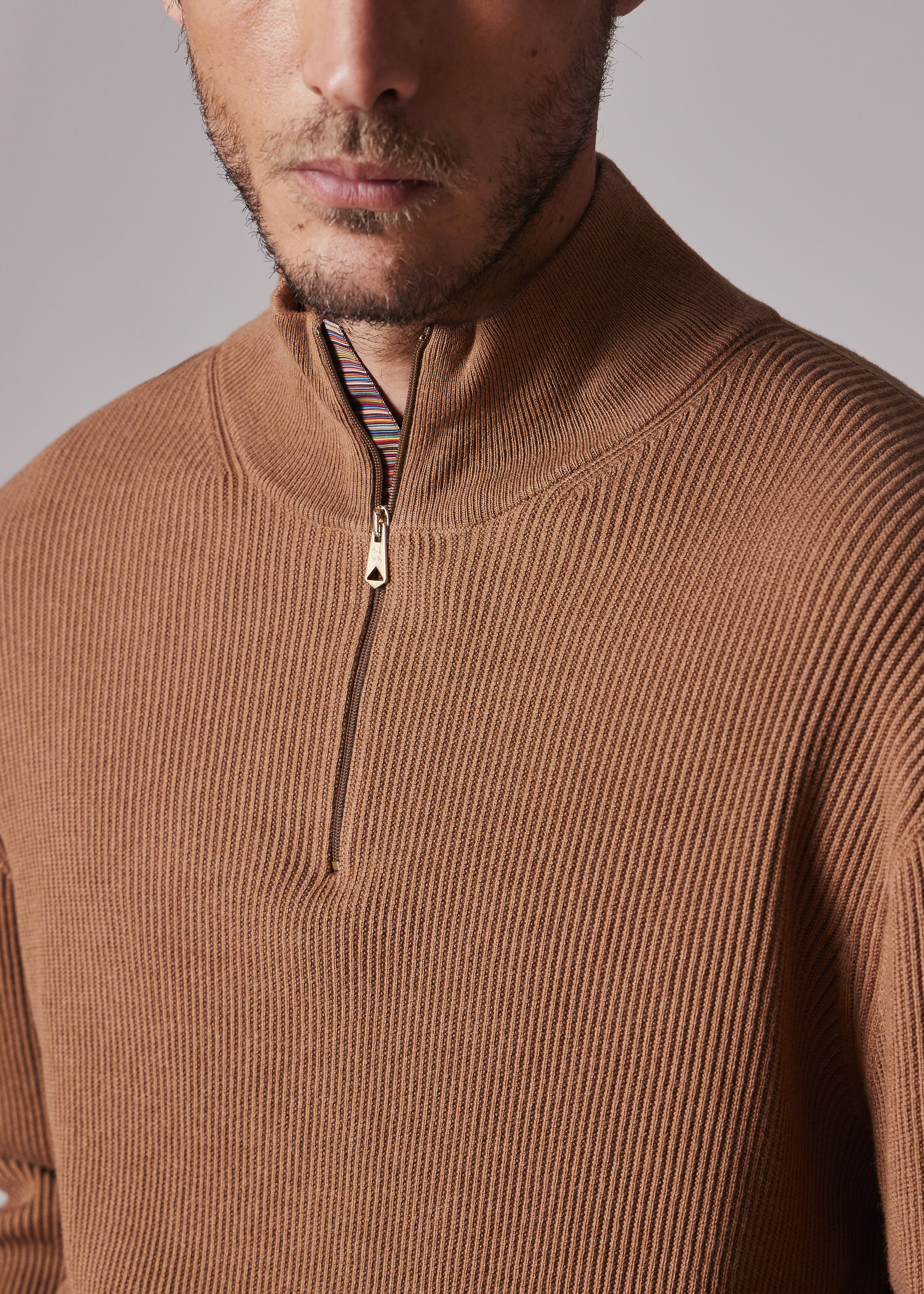 Chestnut Wool-Blend Half Zip Ribbed Knitted Sweater - 5