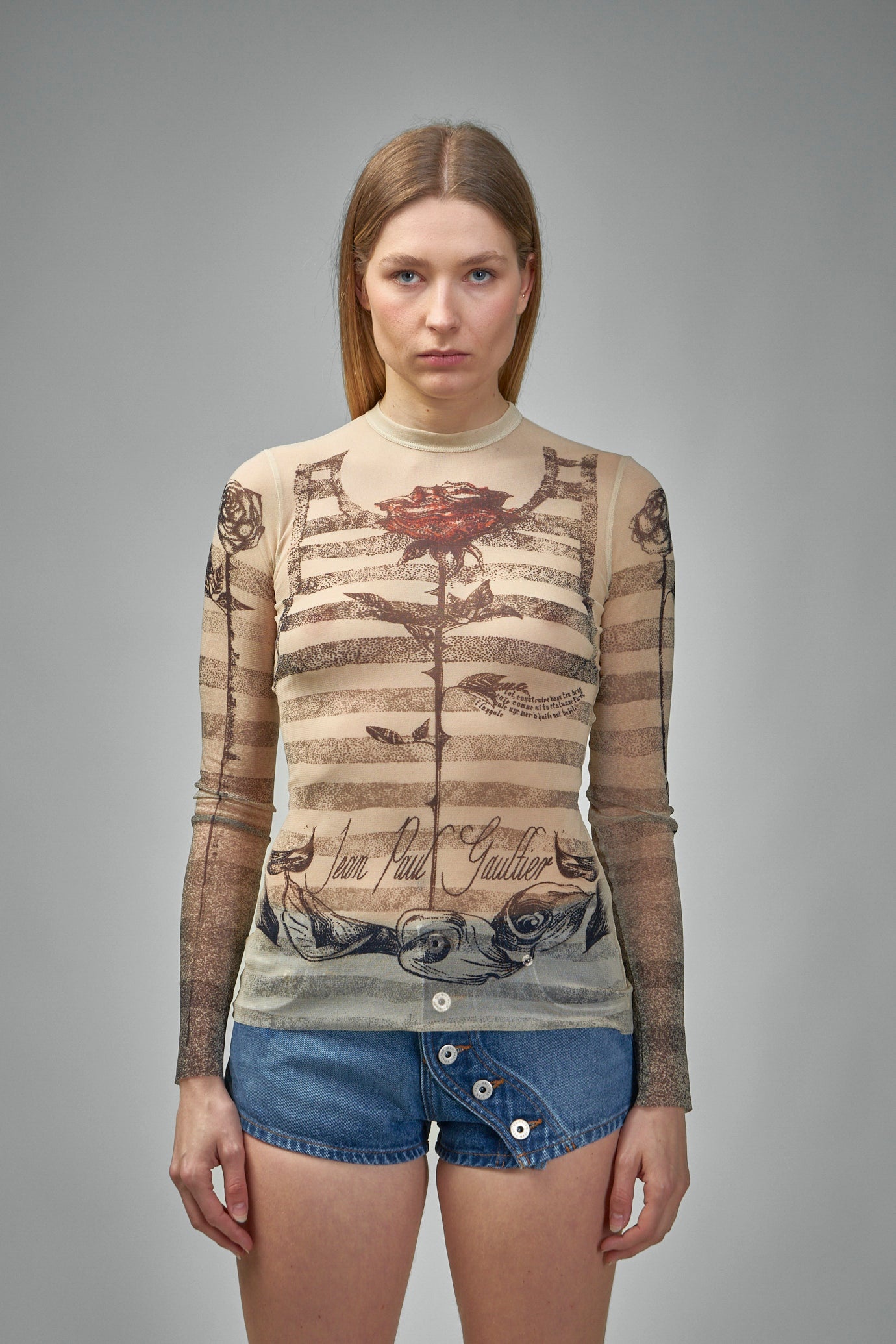 Mesh Longsleeves Top Printed ''Tattoo Mariniere''Riniere'' - 1