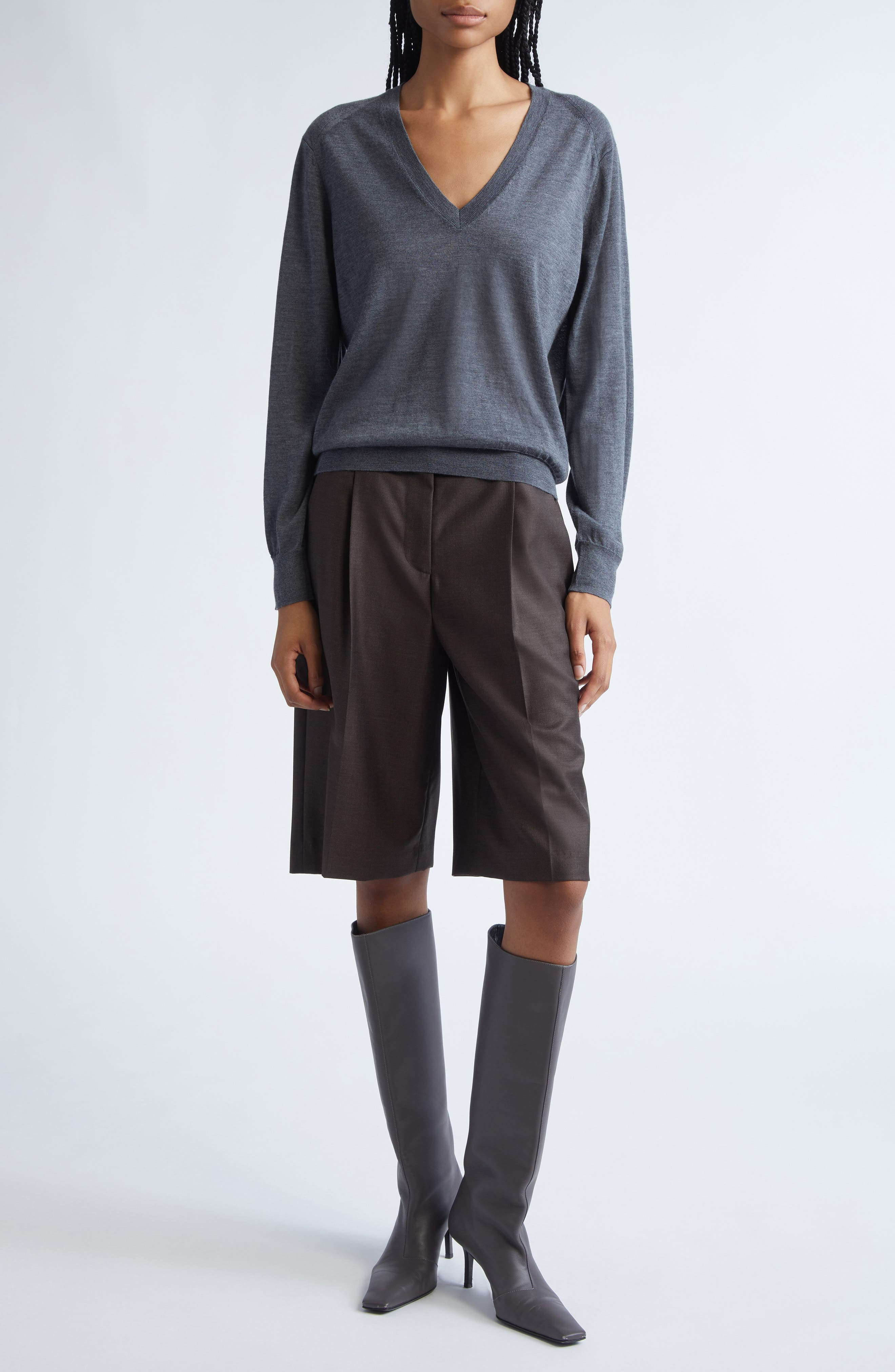 LOULOU DE SAISON Adler Pleated Virgin Wool Bermuda Shorts in Grizzly at Nordstrom - 2