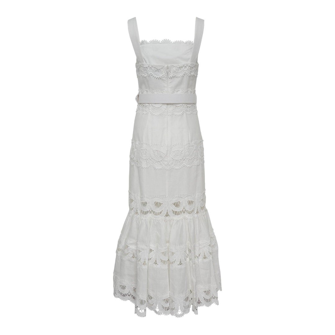 White Linen Lace Insert Midi Dress - 2
