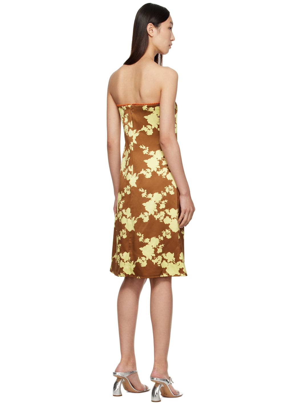 Brown & Yellow Wild Roses Strapless Midi Dress - 3